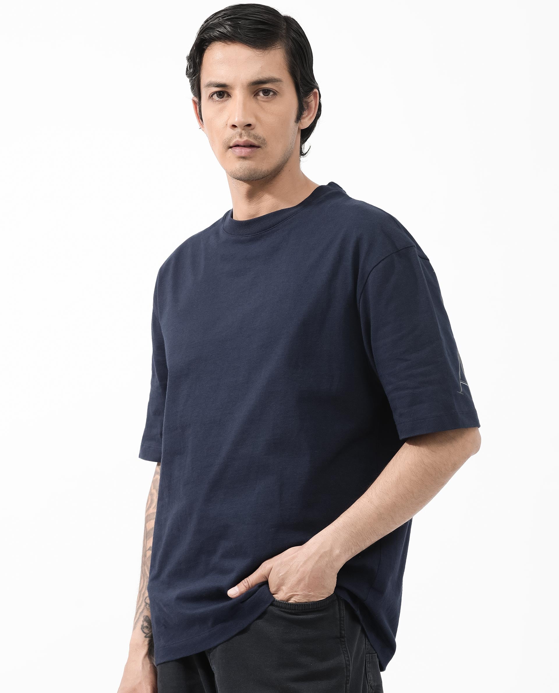 Rare Rabbit Articale Men's Dis Navy Cotton Polyester Fabric Crew Neck Oversized Fit Typography Print T-Shirt