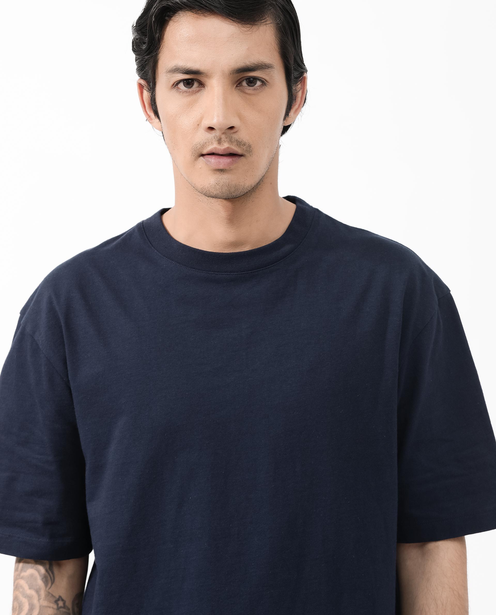 Rare Rabbit Articale Men's Dis Navy Cotton Polyester Fabric Crew Neck Oversized Fit Typography Print T-Shirt