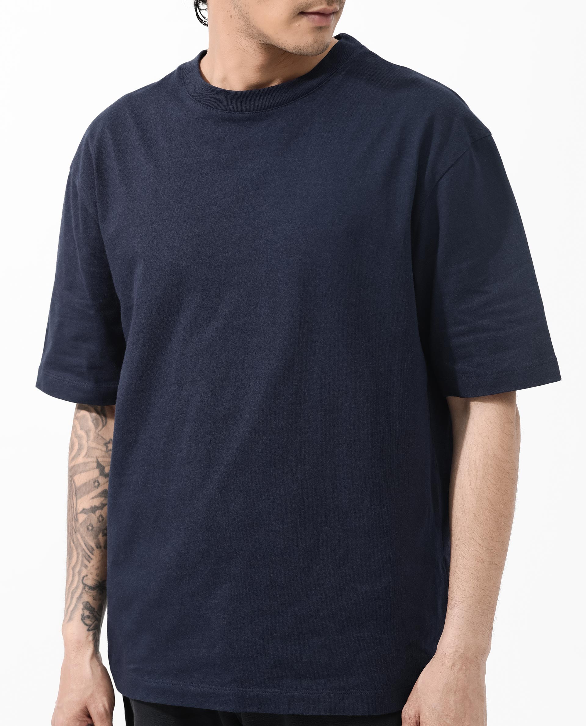 Rare Rabbit Articale Men's Dis Navy Cotton Polyester Fabric Crew Neck Oversized Fit Typography Print T-Shirt