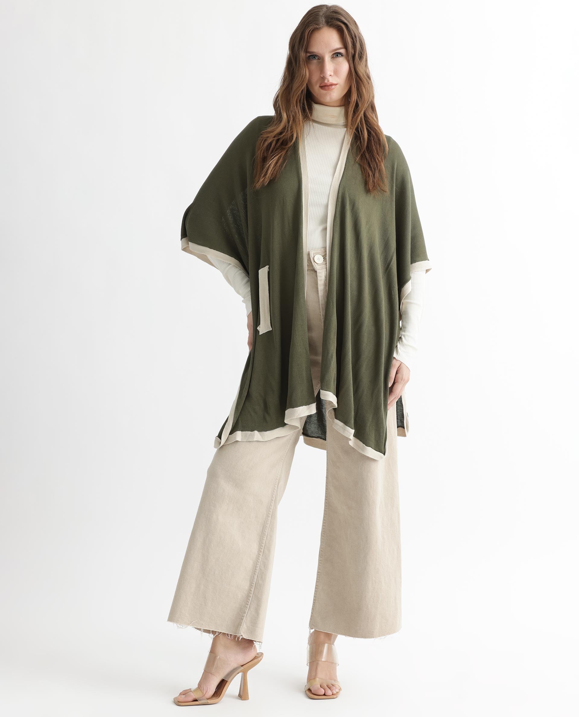 Rareism Women Display Olive Viscose Fabric 3/4Th Sleeves Relaxed Fit Solid Collarless Sweater