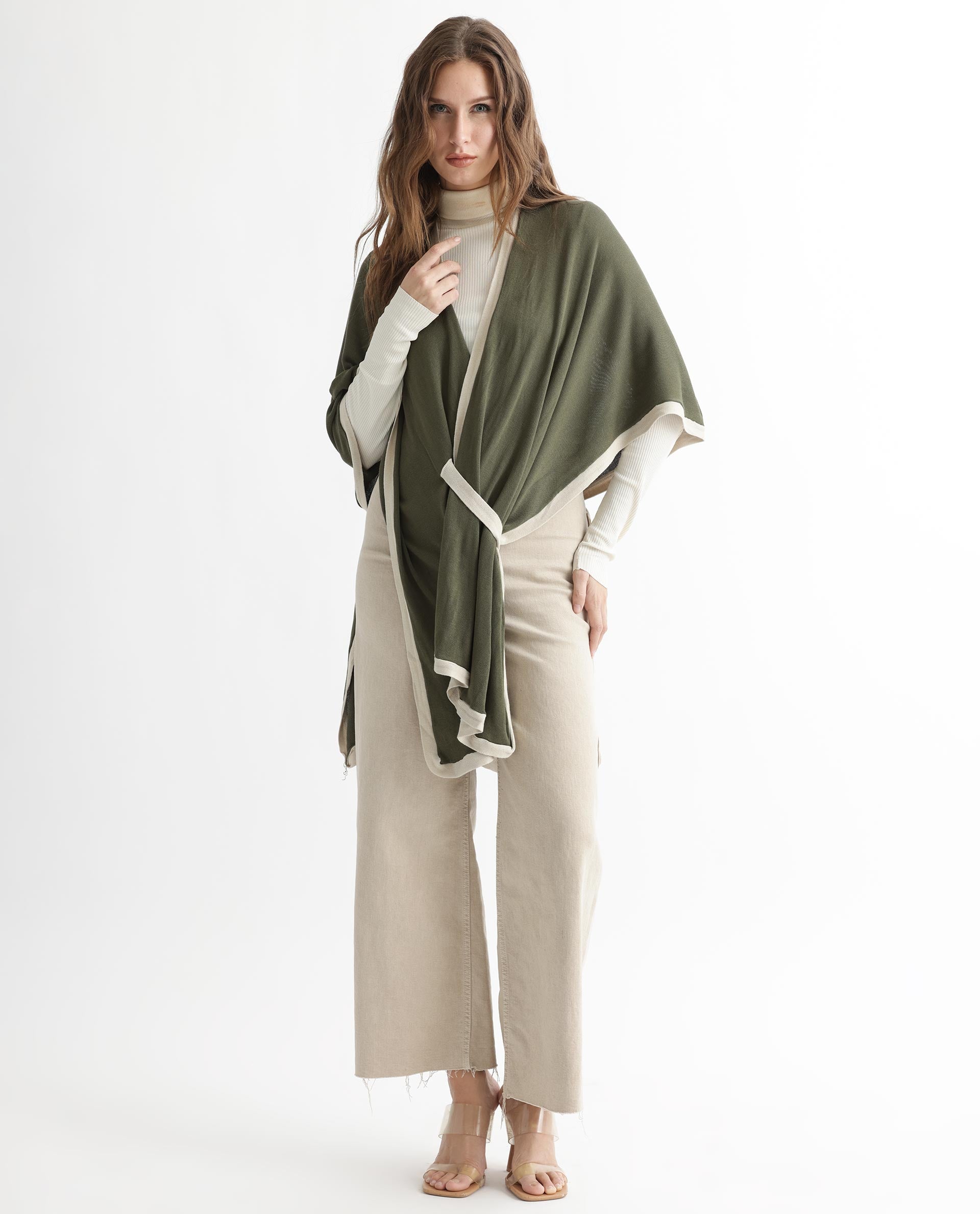 Rareism Women Display Olive Viscose Fabric 3/4Th Sleeves Relaxed Fit Solid Collarless Sweater