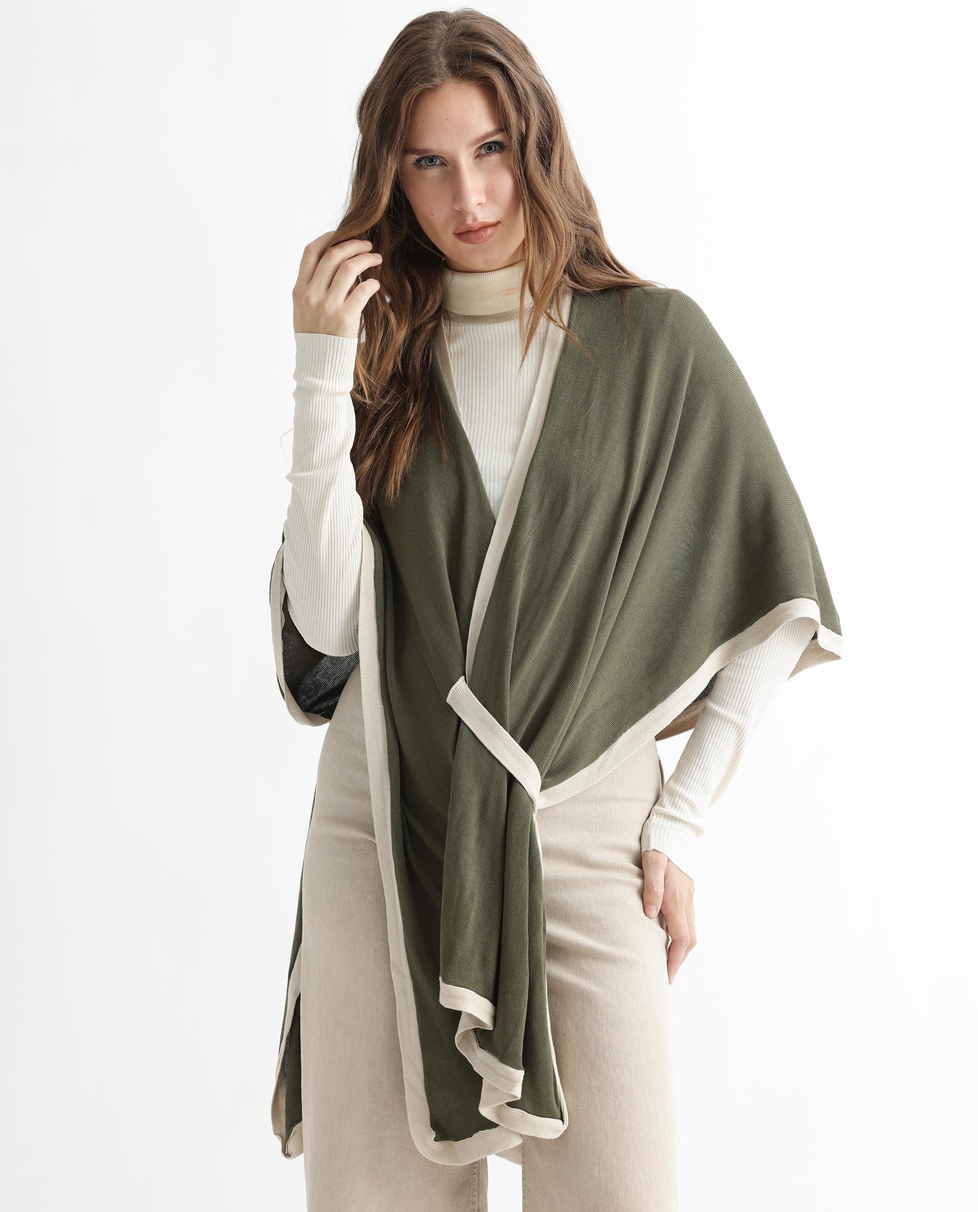 Rareism Women Display Olive Viscose Fabric 3/4Th Sleeves Relaxed Fit Solid Collarless Sweater