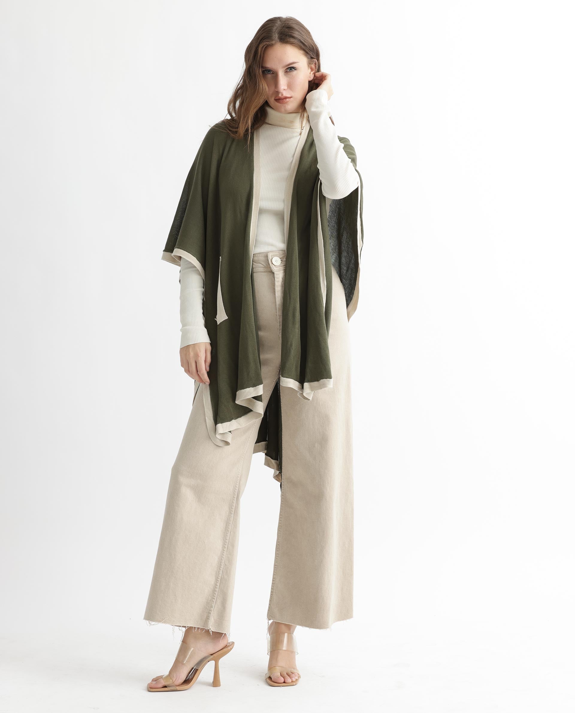 Rareism Women Display Olive Viscose Fabric 3/4Th Sleeves Relaxed Fit Solid Collarless Sweater