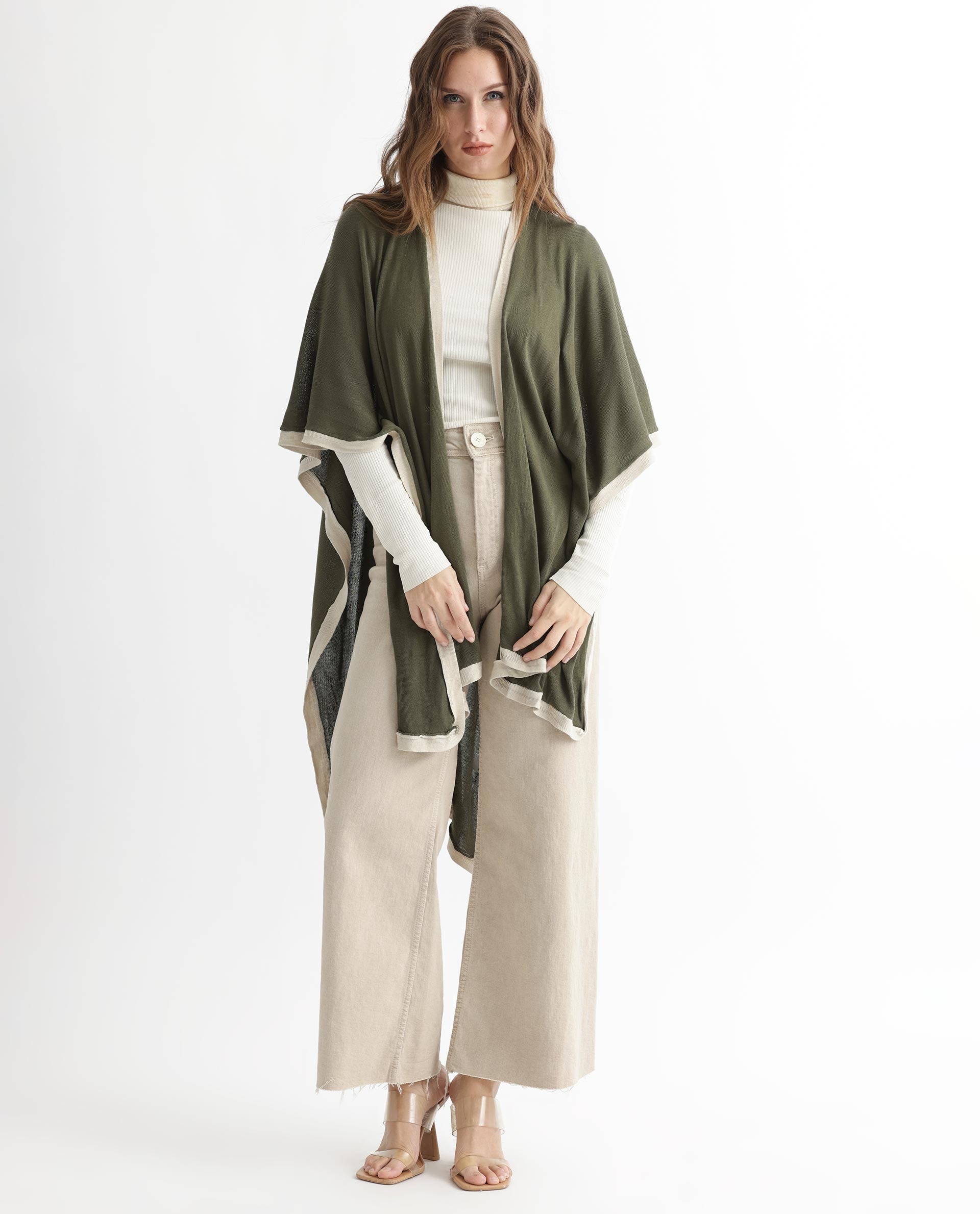 Rareism Women Display Olive Viscose Fabric 3/4Th Sleeves Relaxed Fit Solid Collarless Sweater