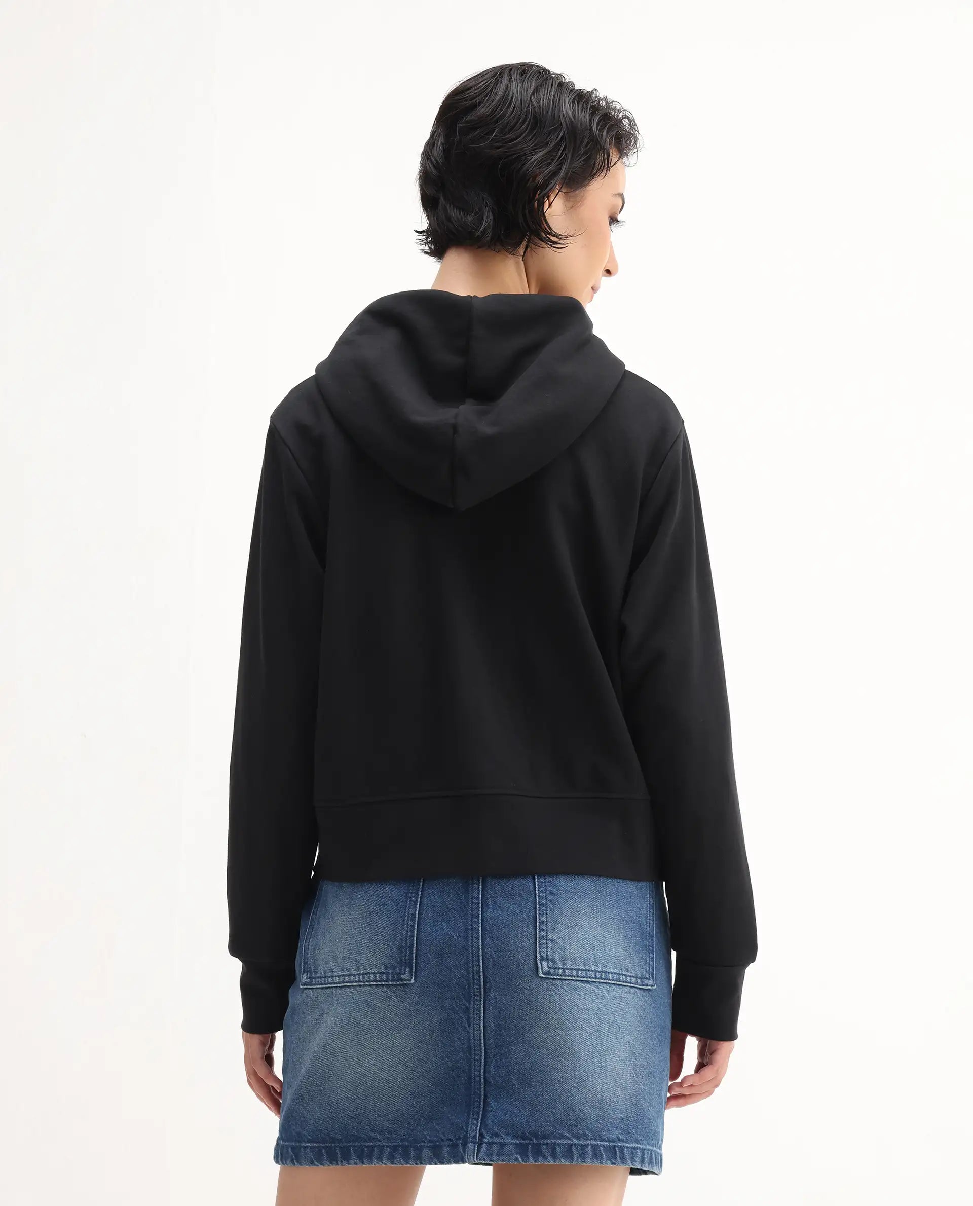 Rareism Women's Div Black Cotton Blend Hooded Regular Fit Printed Sweatshirt