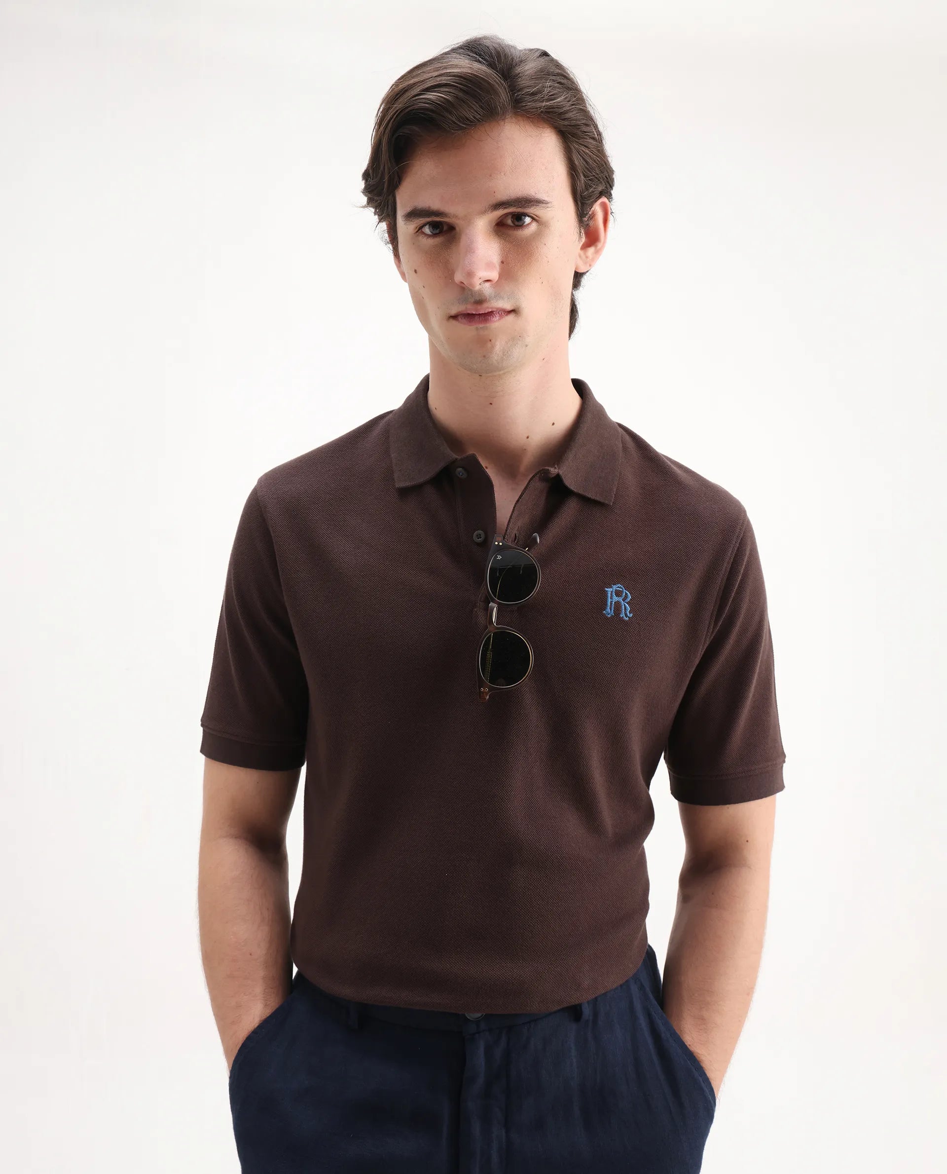 Rare Rabbit Men's Dive Dark Brown Cotton Embroidered Regular Fit Half Sleeve Polo