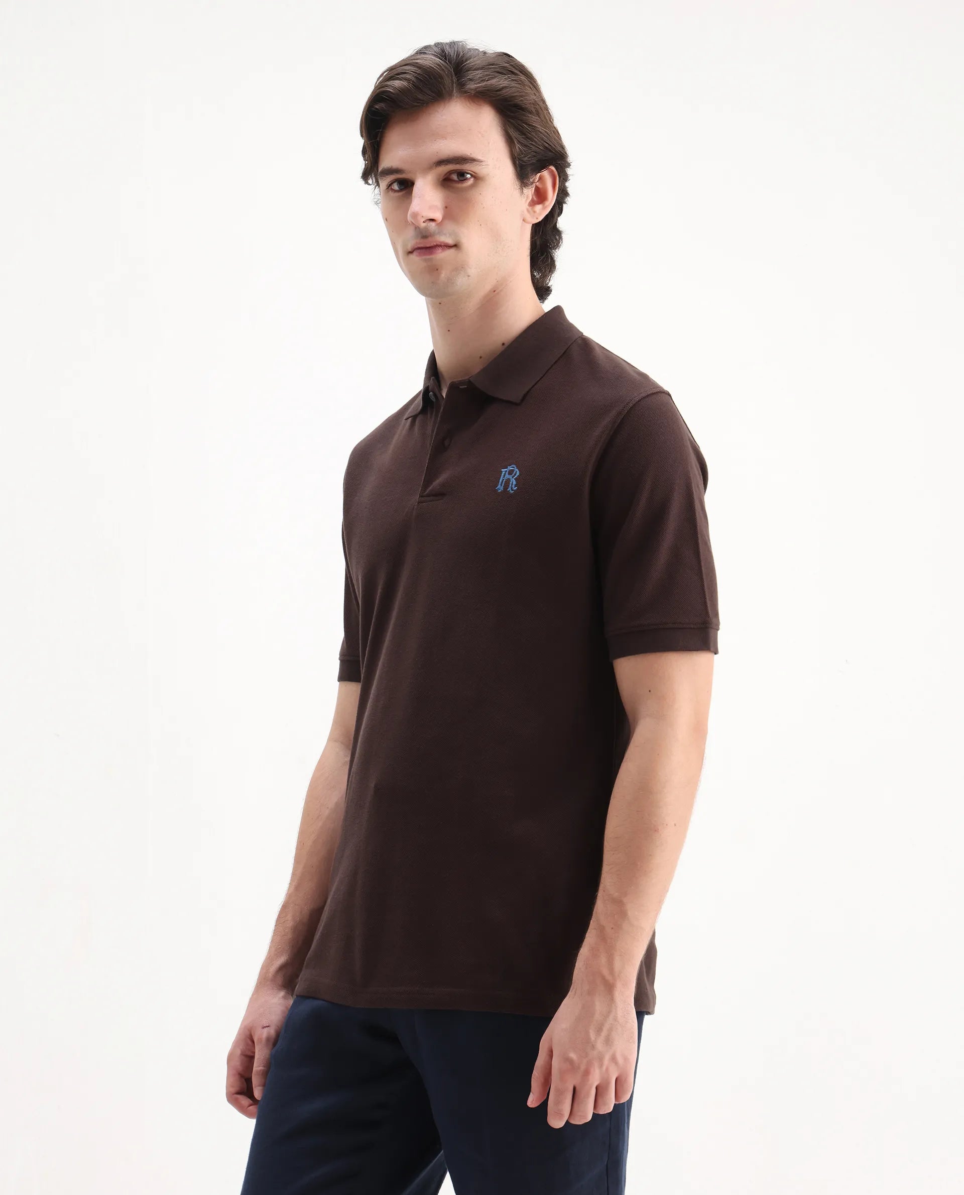 Rare Rabbit Men's Dive Dark Brown Cotton Embroidered Regular Fit Half Sleeve Polo