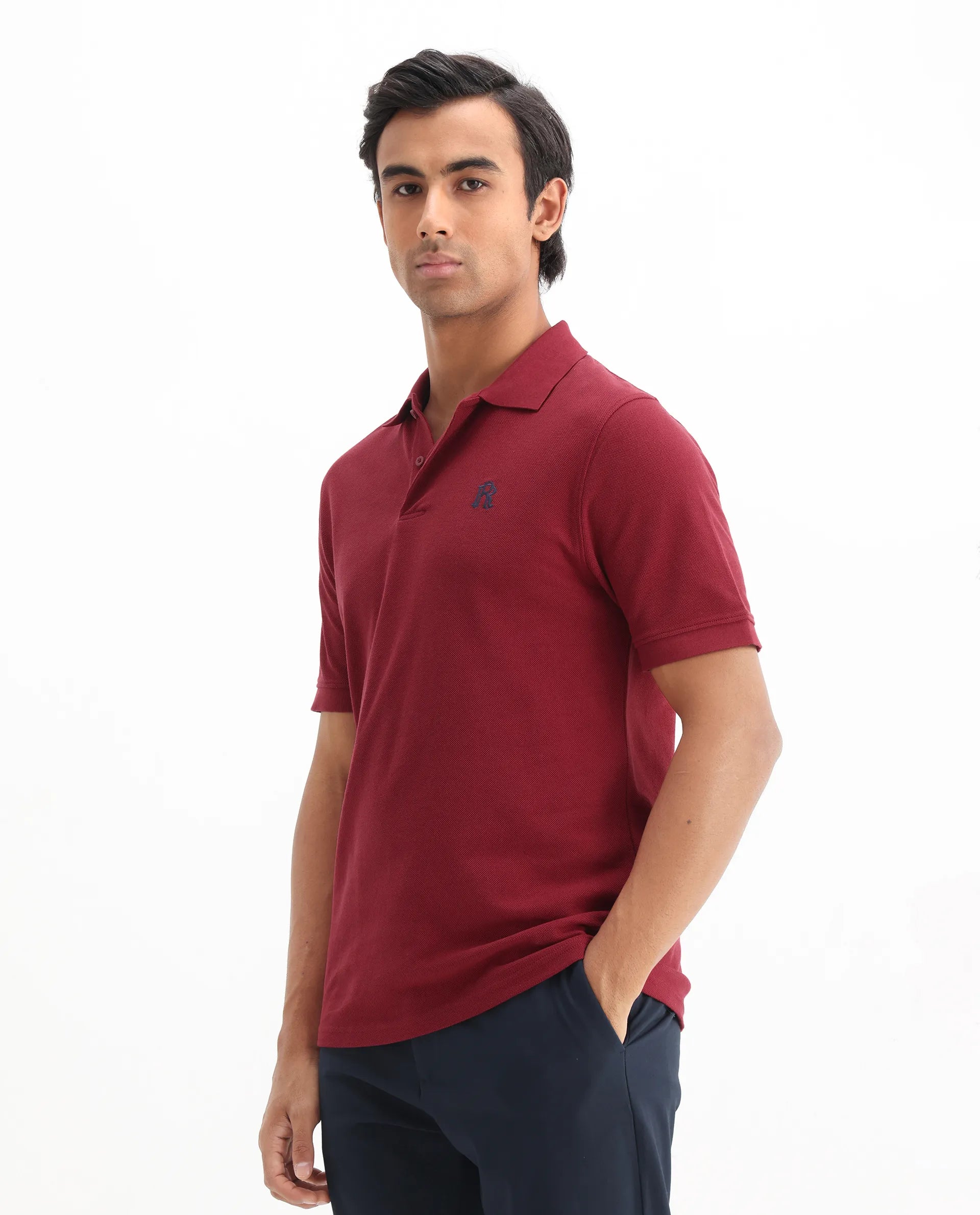 Rare Rabbit Men's Dive Red Cotton Plain Regular Fit Half Sleeve Polo