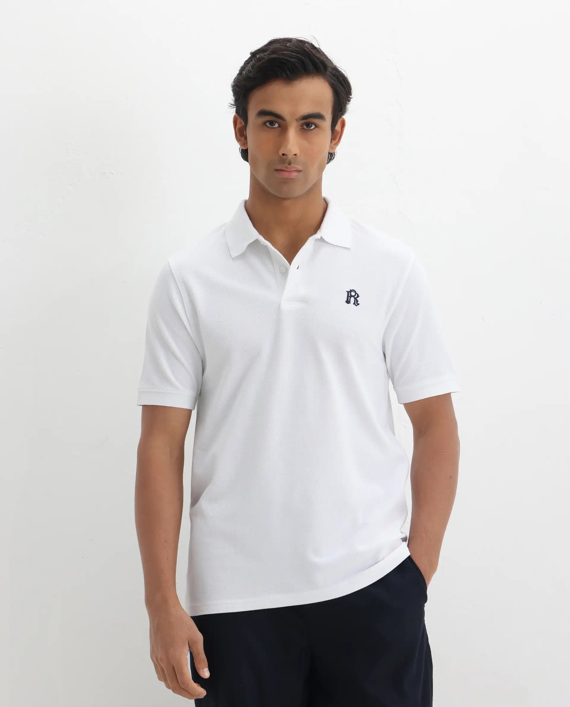 Rare Rabbit Men's Dive White Cotton Embroidered Regular Fit Half Sleeve Polo