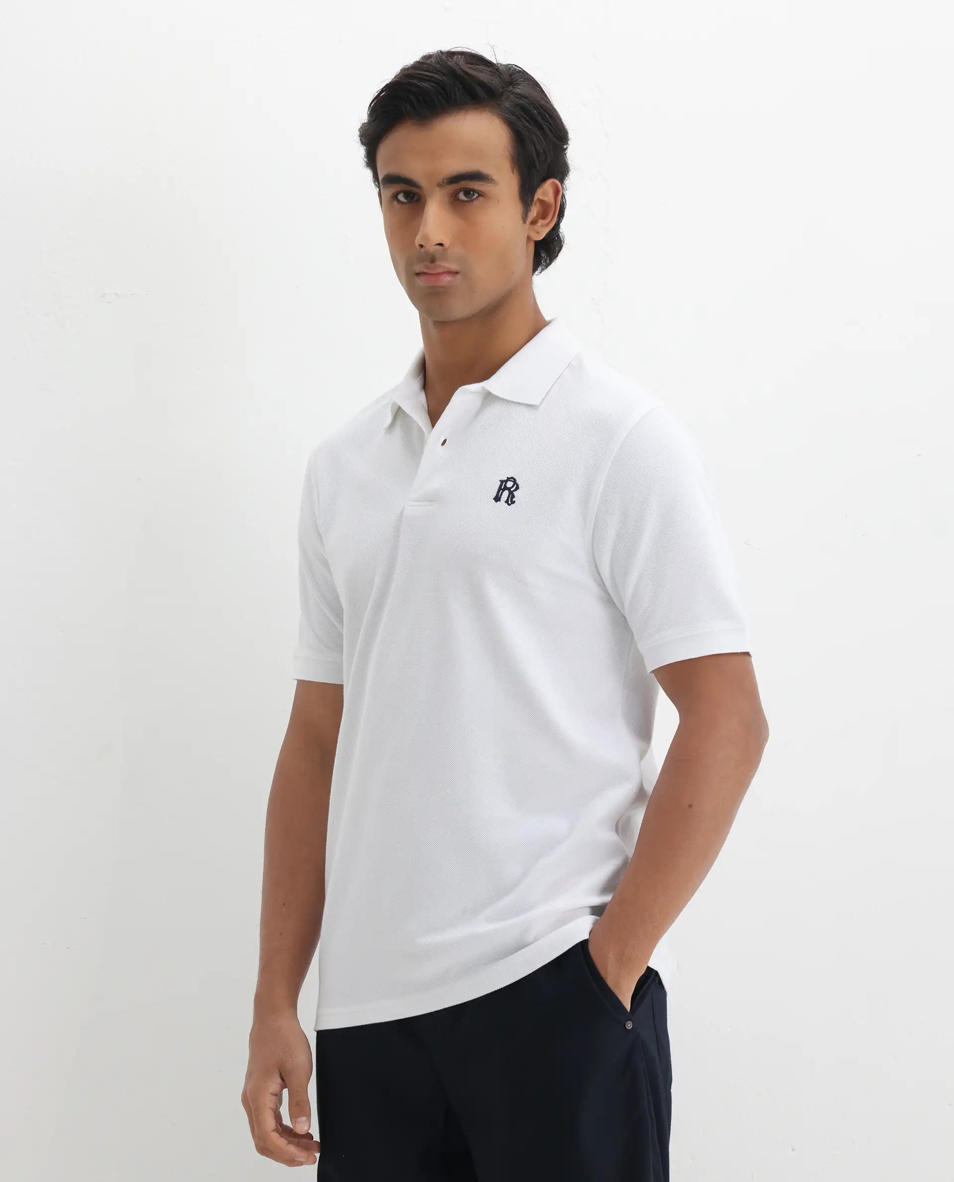 Rare Rabbit Men's Dive White Cotton Embroidered Regular Fit Half Sleeve Polo