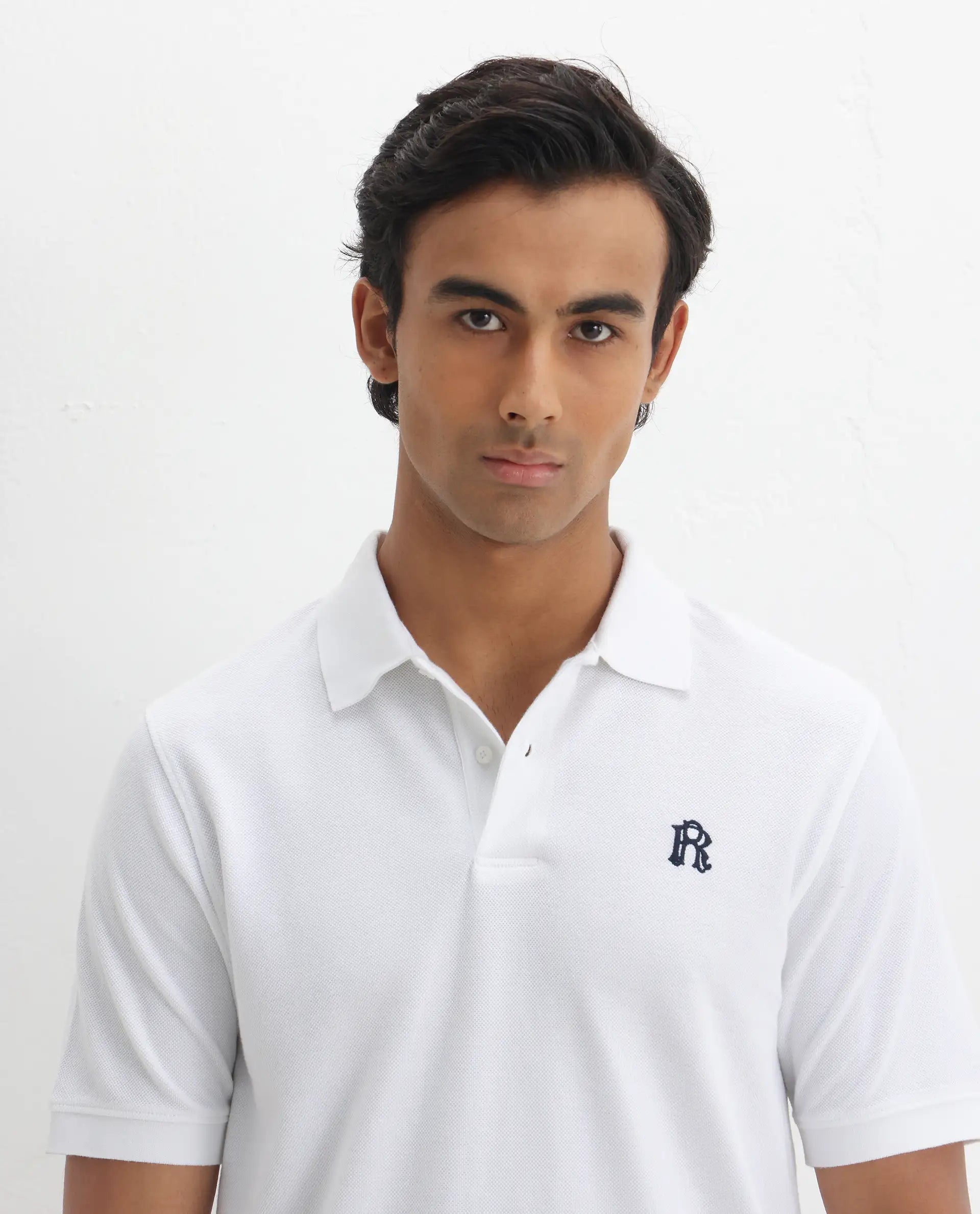 Rare Rabbit Men's Dive White Cotton Embroidered Regular Fit Half Sleeve Polo