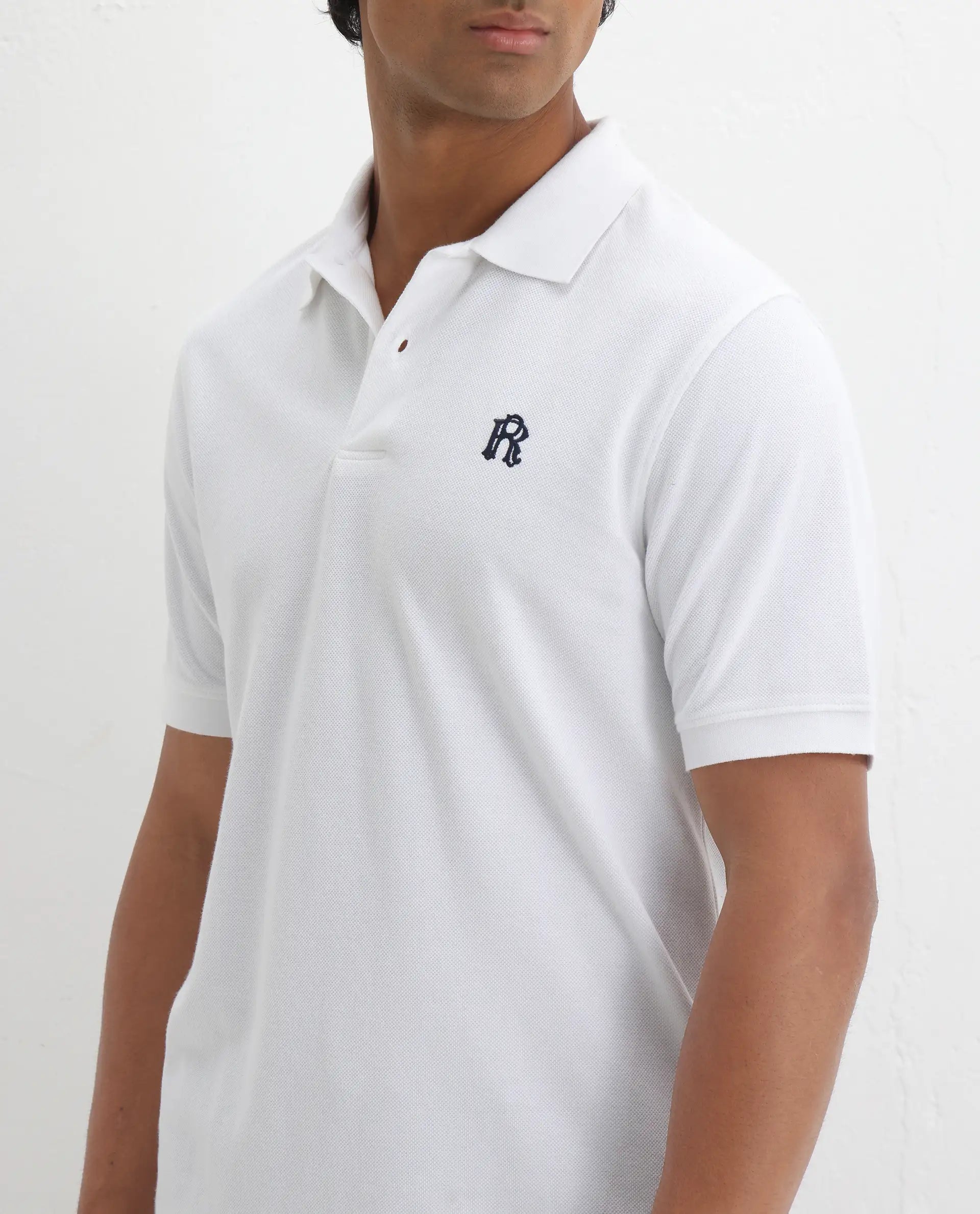 Rare Rabbit Men's Dive White Cotton Embroidered Regular Fit Half Sleeve Polo