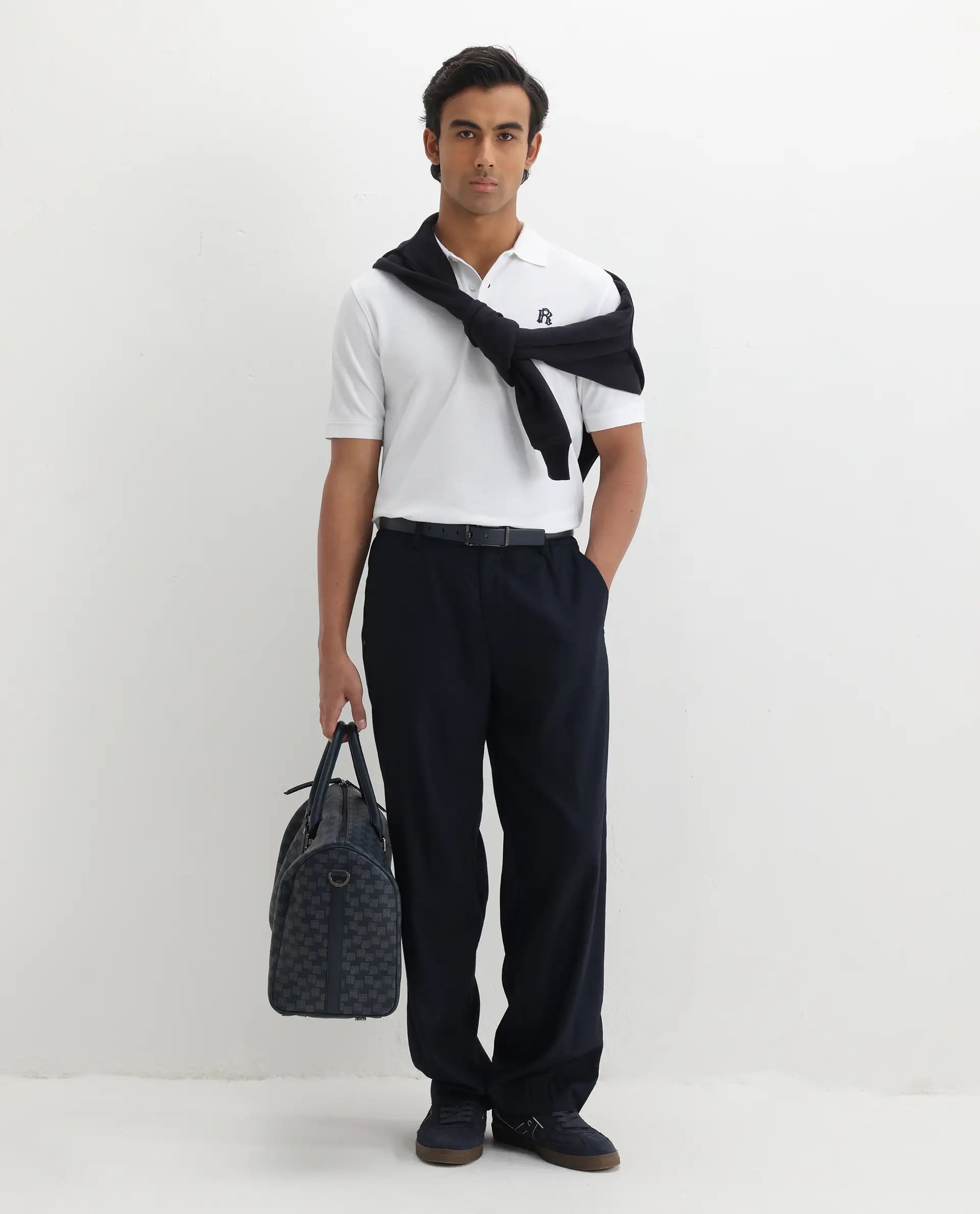 Rare Rabbit Men's Dive White Cotton Embroidered Regular Fit Half Sleeve Polo