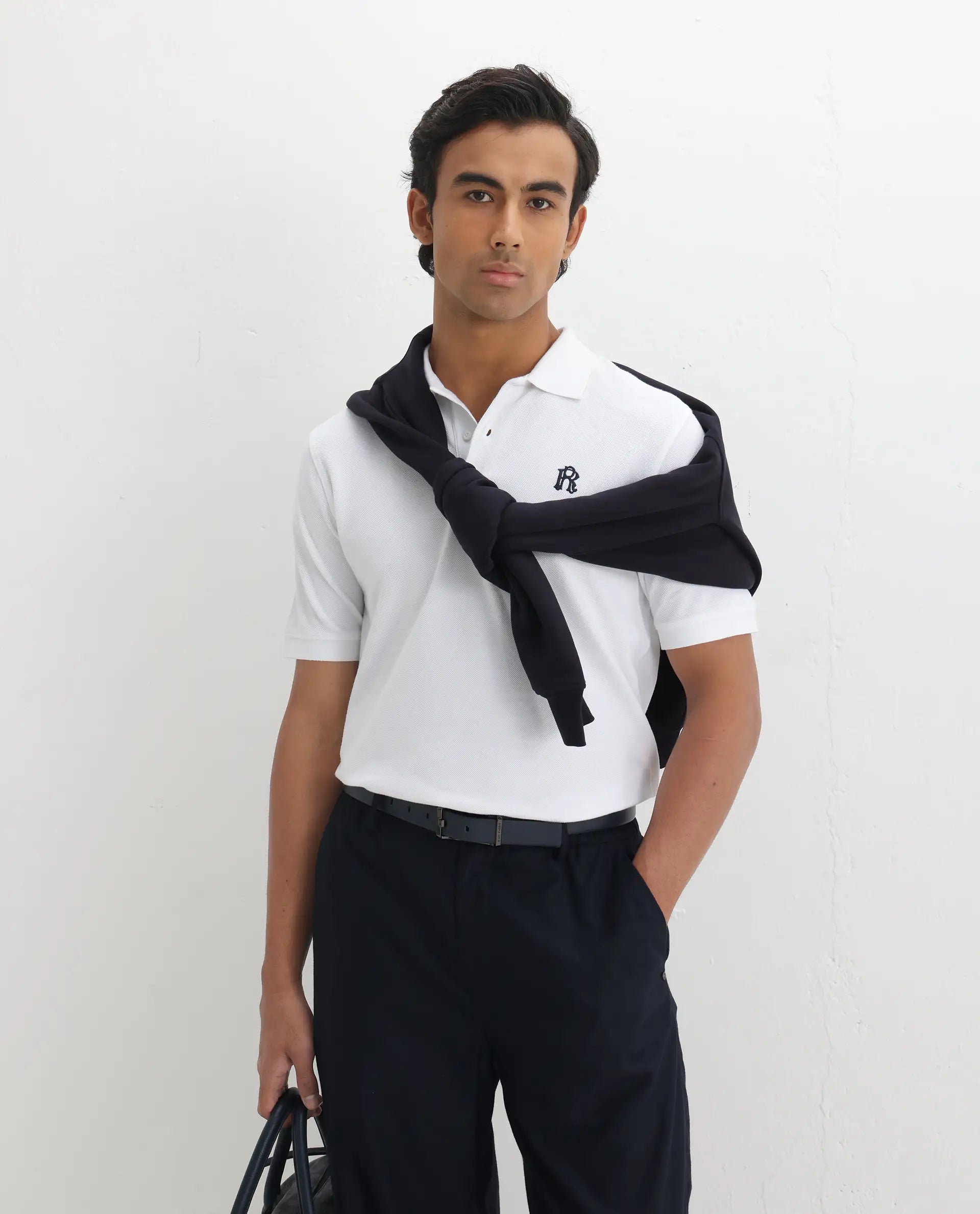 Rare Rabbit Men's Dive White Cotton Embroidered Regular Fit Half Sleeve Polo