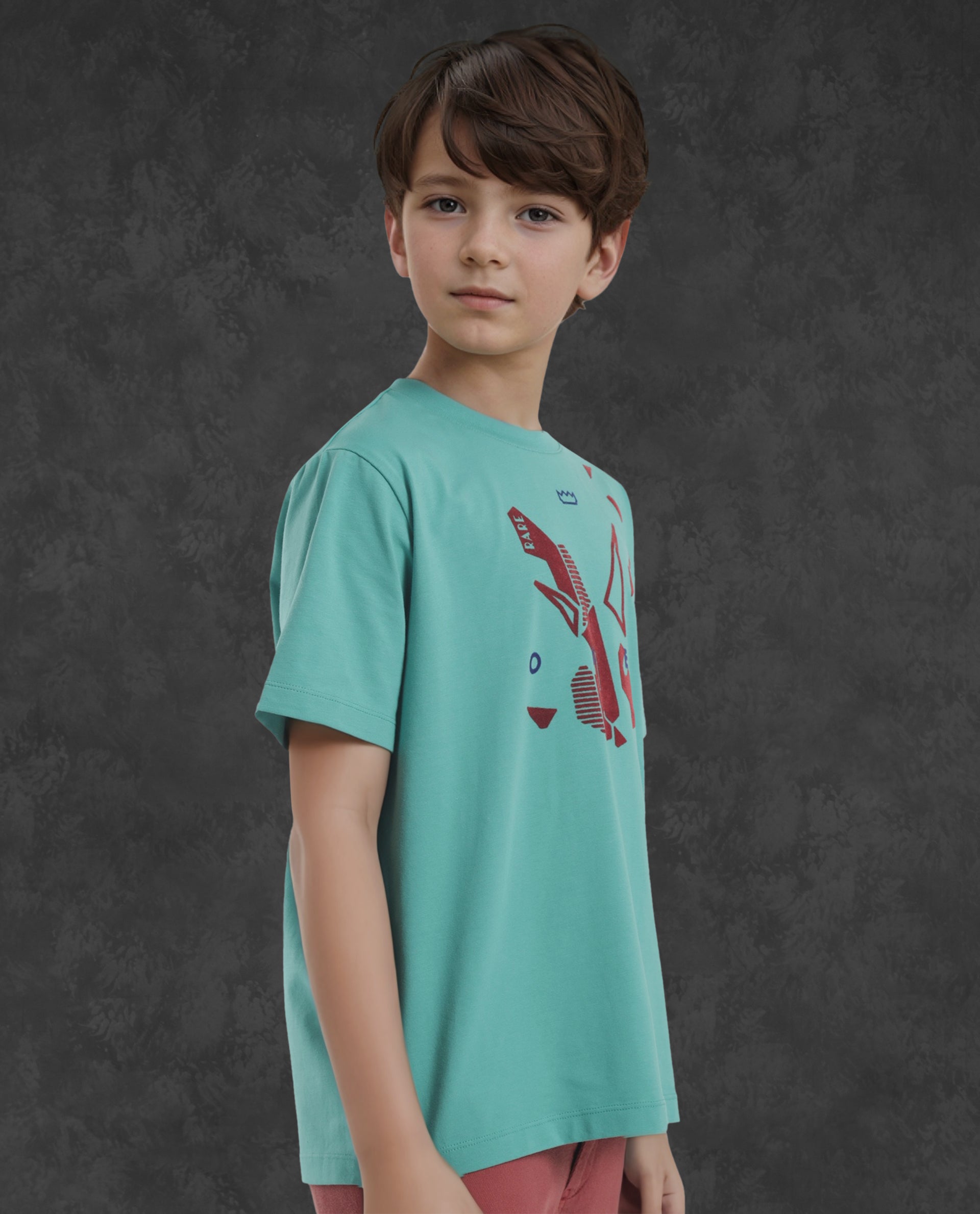 Rare Ones Kids Div Green Cotton Half Sleeves Crew Neck Regular Fit Graphic Print T-Shirt