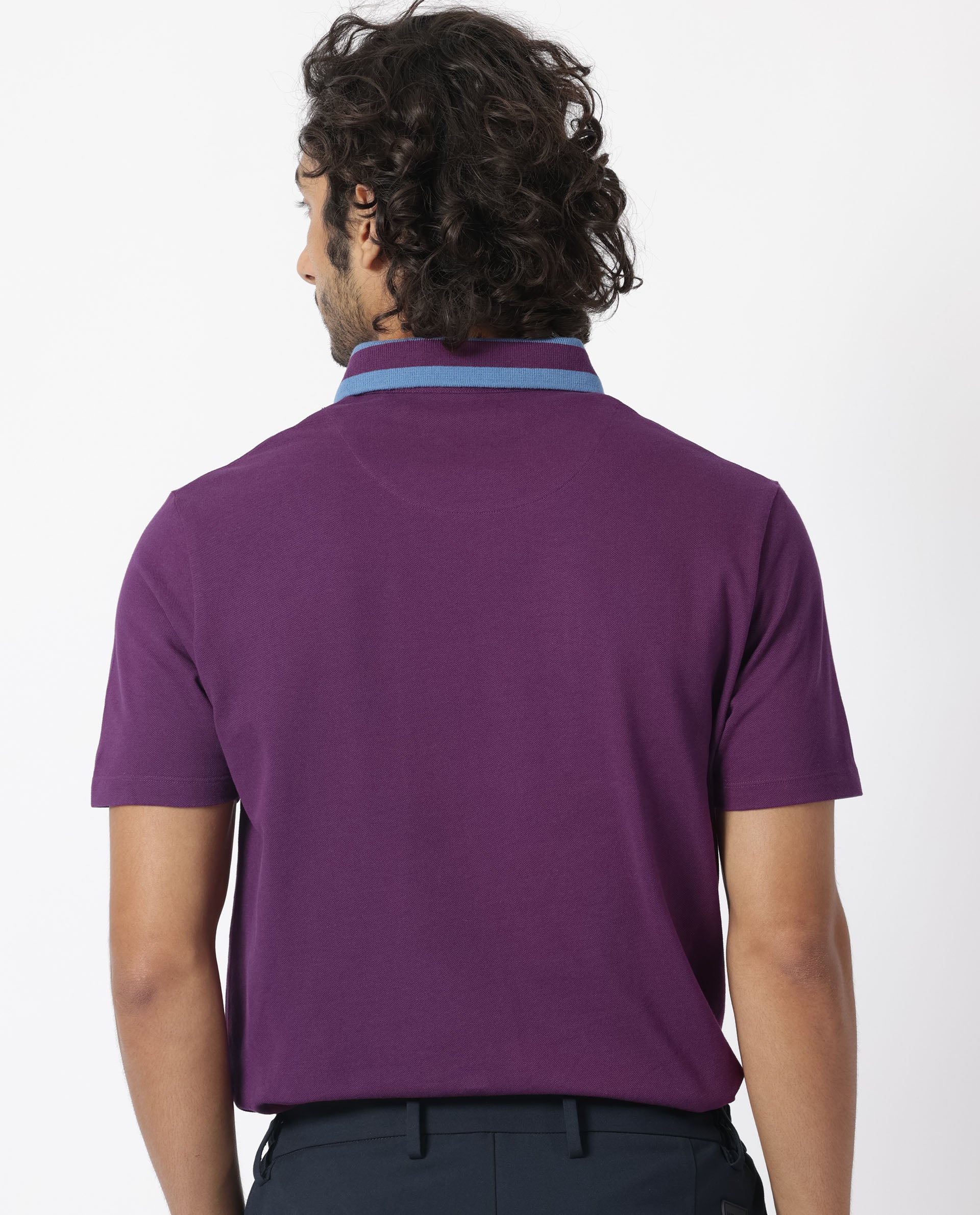 Rare Rabbit Men's Divide Dark Maroon Cotton Fabric Striped Collar Half Sleeves Polo T-Shirt