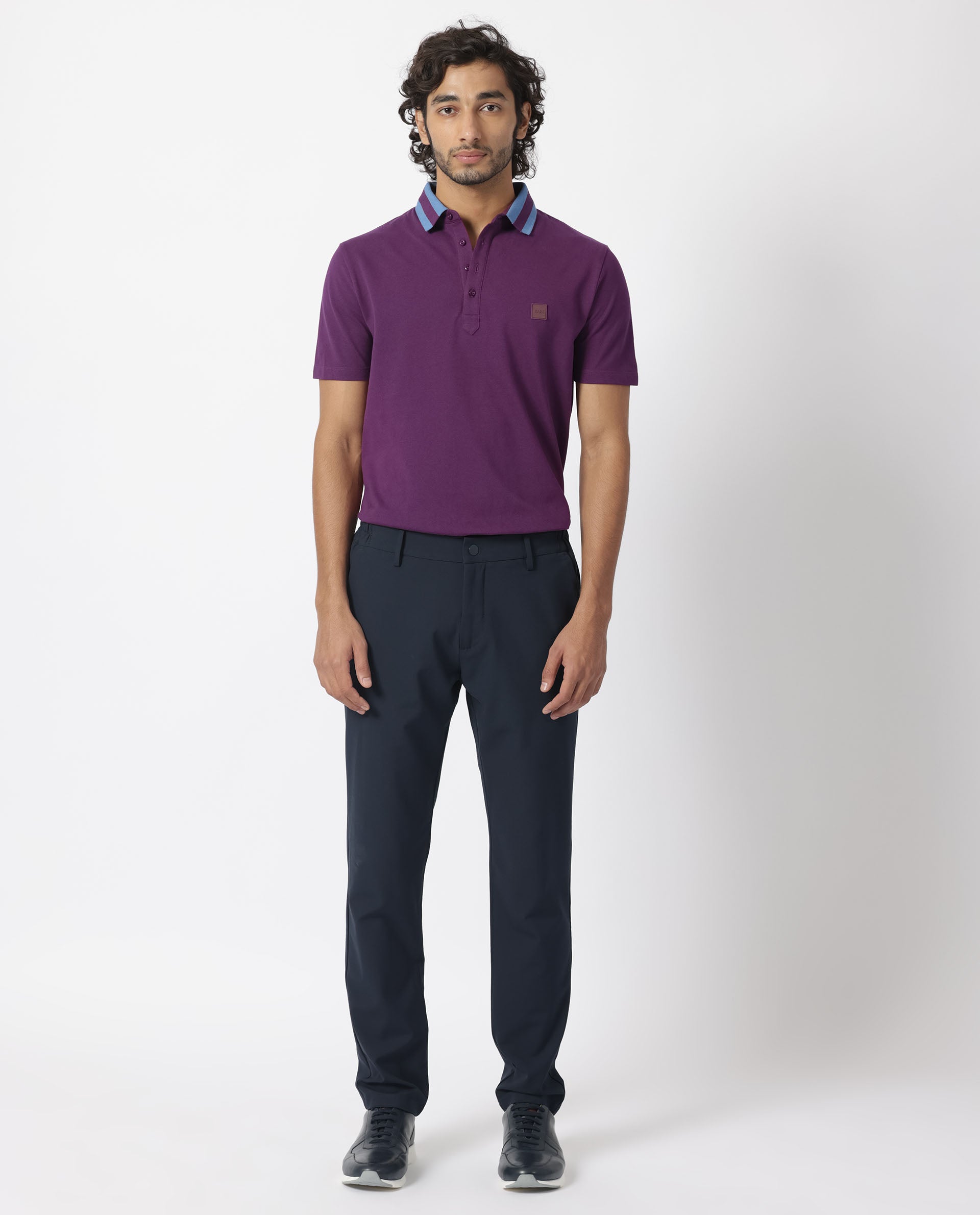 Rare Rabbit Men's Divide Dark Maroon Cotton Fabric Striped Collar Half Sleeves Polo T-Shirt