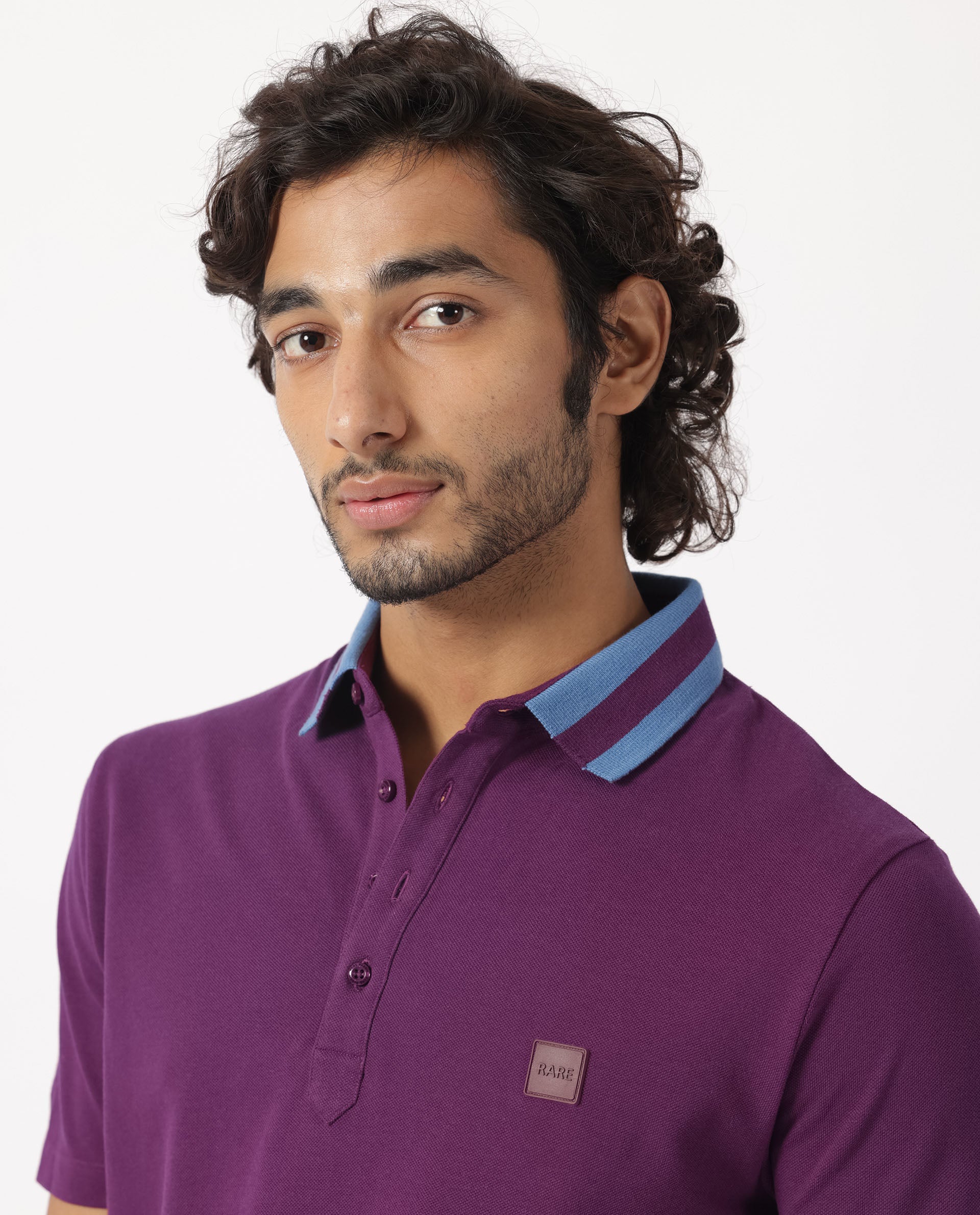 Rare Rabbit Men's Divide Dark Maroon Cotton Fabric Striped Collar Half Sleeves Polo T-Shirt