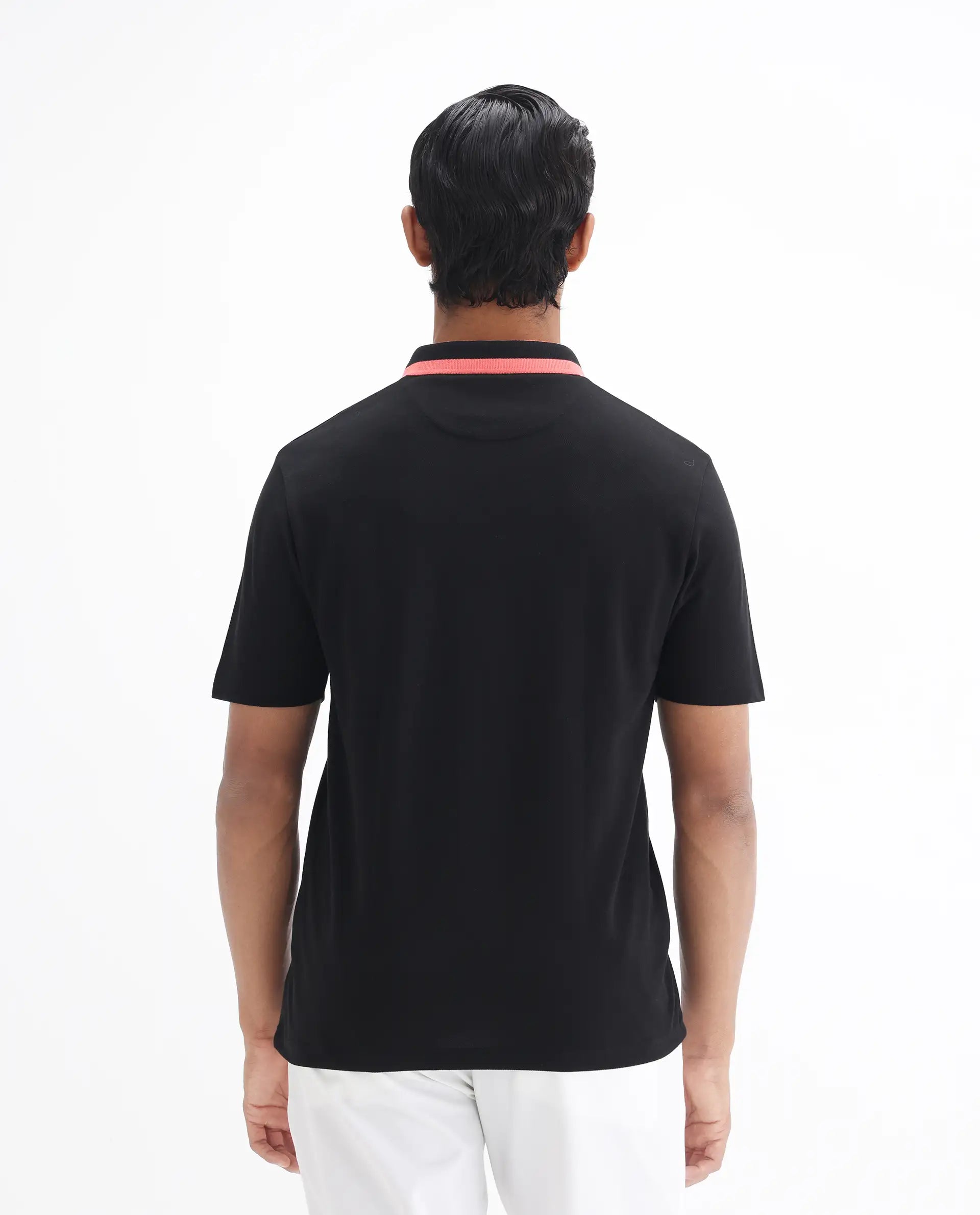 Rare Rabbit Men's Divide Black Cotton Plain Regular Fit Half Sleeve Polo