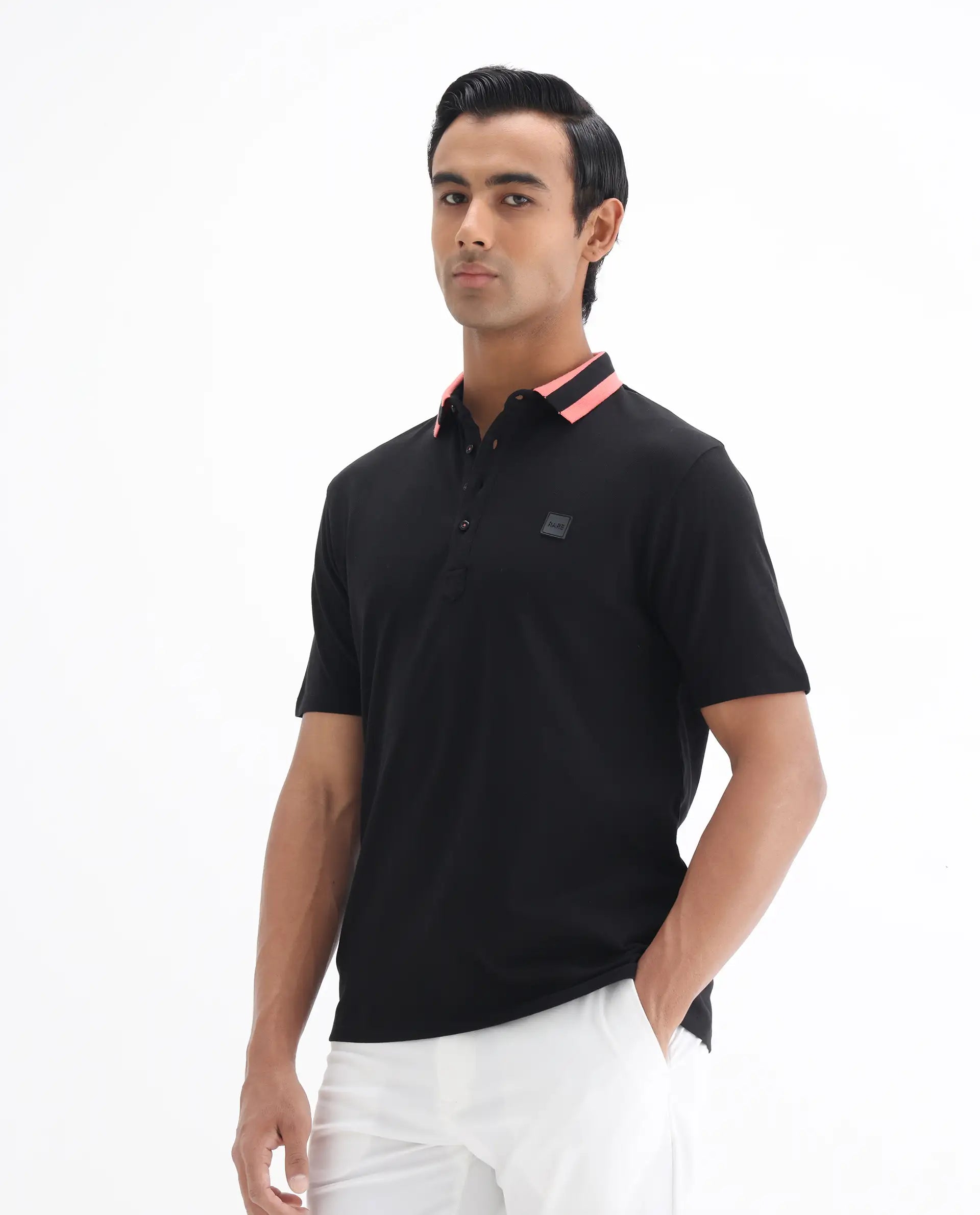 Rare Rabbit Men's Divide Black Cotton Plain Regular Fit Half Sleeve Polo