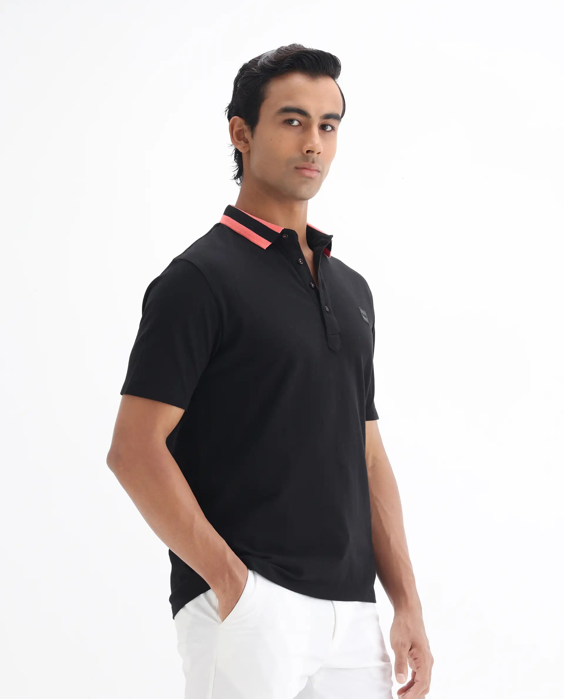 Rare Rabbit Men's Divide Black Cotton Plain Regular Fit Half Sleeve Polo