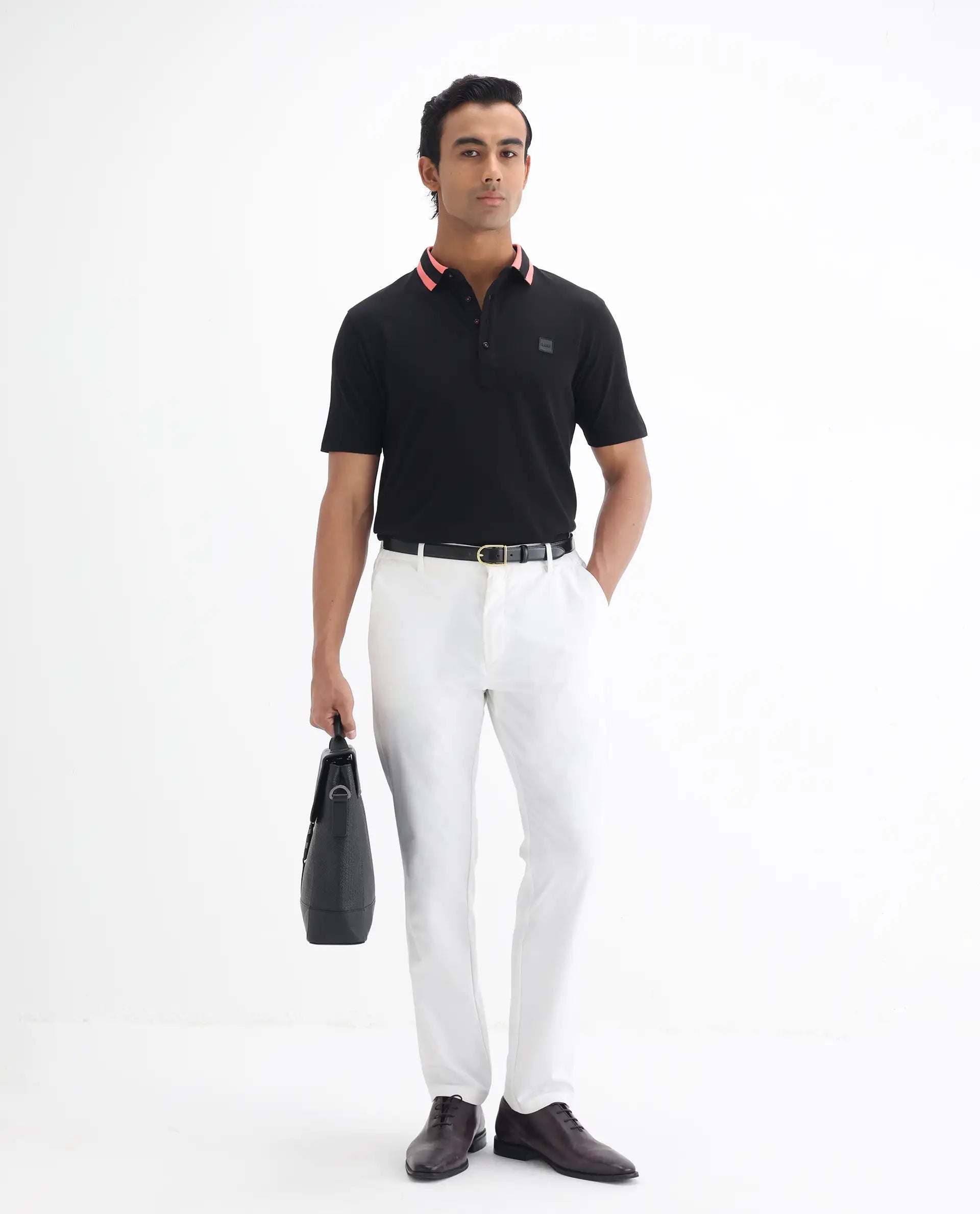 Rare Rabbit Men's Divide Black Cotton Plain Regular Fit Half Sleeve Polo