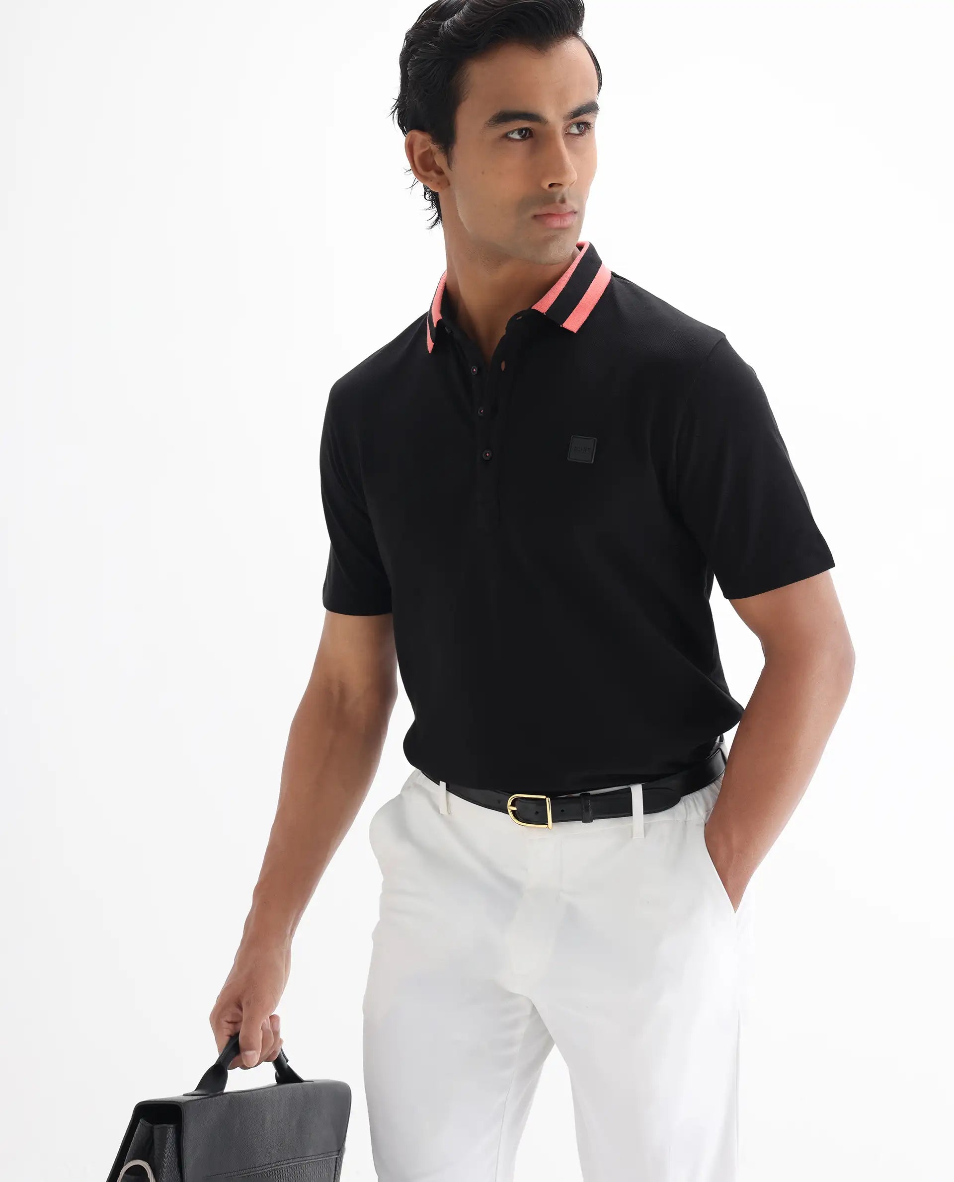 Rare Rabbit Men's Divide Black Cotton Plain Regular Fit Half Sleeve Polo