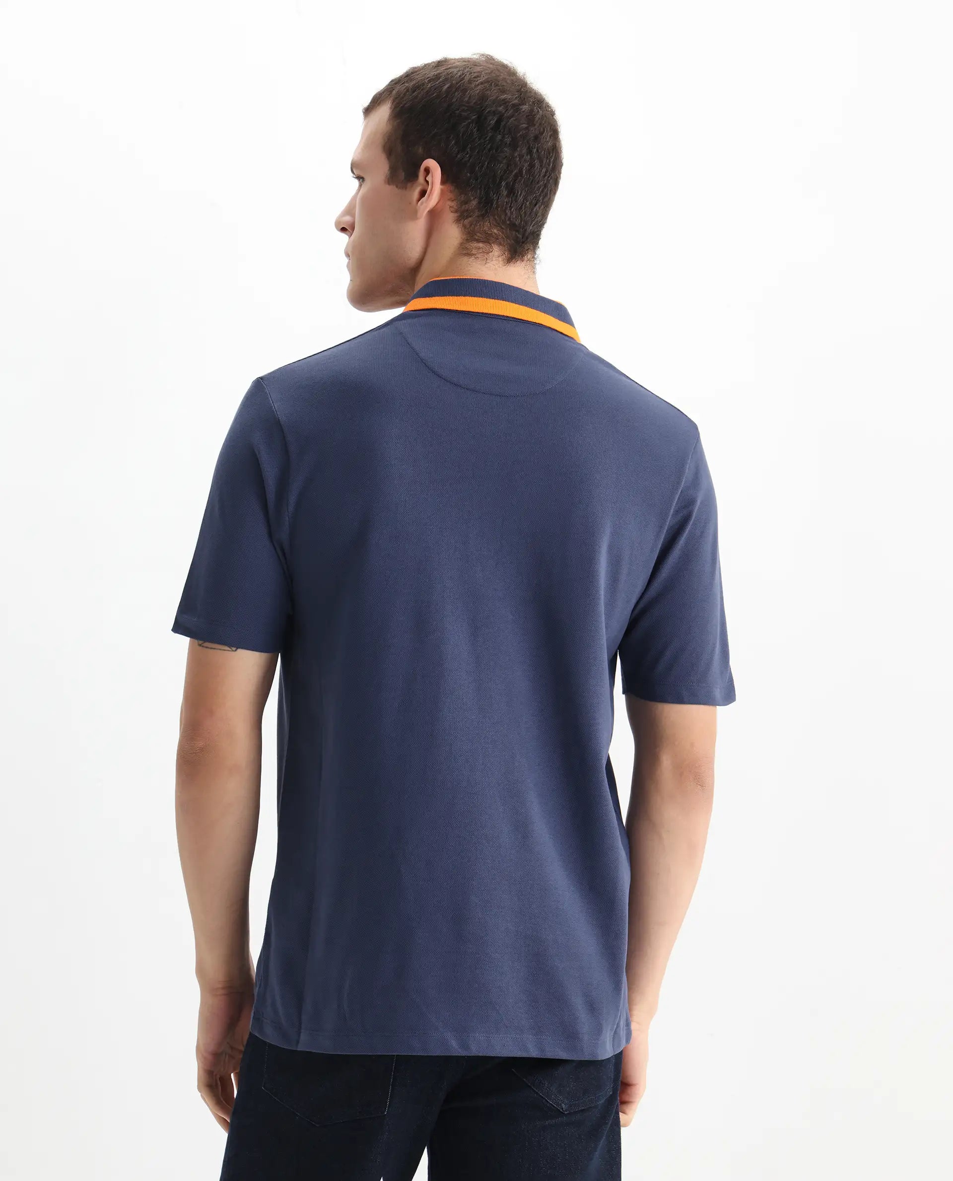 Rare Rabbit Men's Divide Dark Blue Cotton Plain Regular Fit Half Sleeve Polo