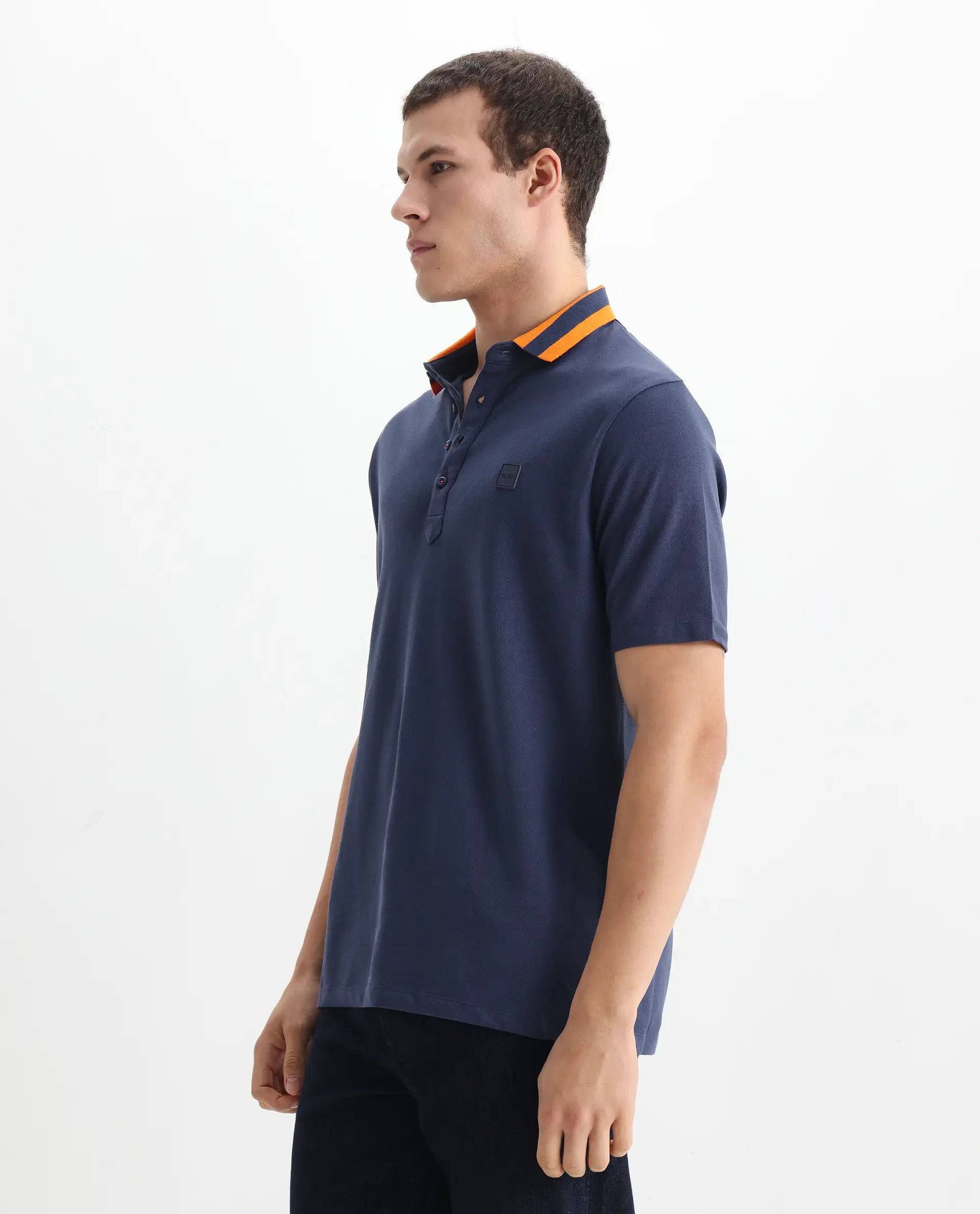 Rare Rabbit Men's Divide Dark Blue Cotton Plain Regular Fit Half Sleeve Polo