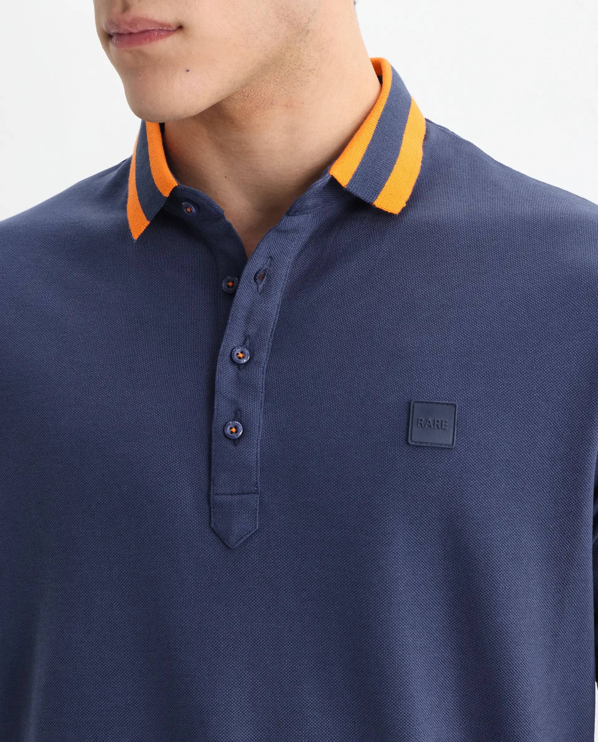 Rare Rabbit Men's Divide Dark Blue Cotton Plain Regular Fit Half Sleeve Polo