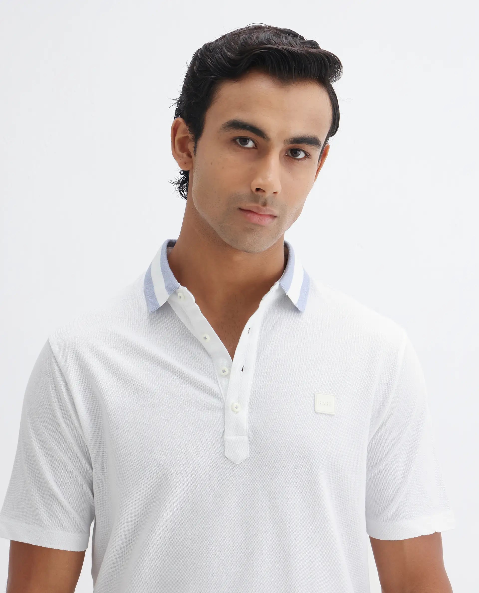 Rare Rabbit Men's Divide White Cotton Plain Regular Fit Half Sleeve Polo