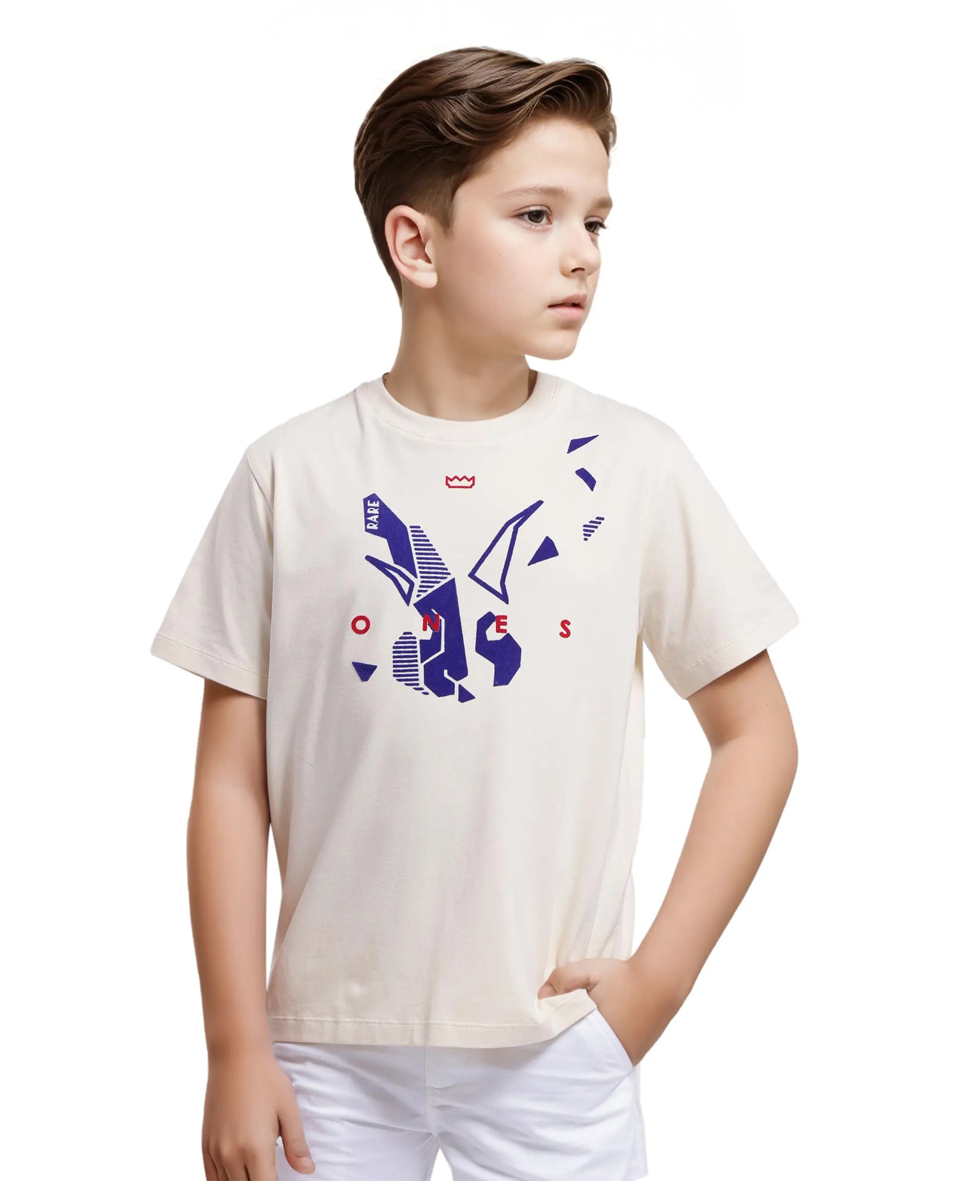Rare Ones Kids Div Off White Cotton Short Sleeve Crew Neck Regular Fit Flock Print T-Shirt