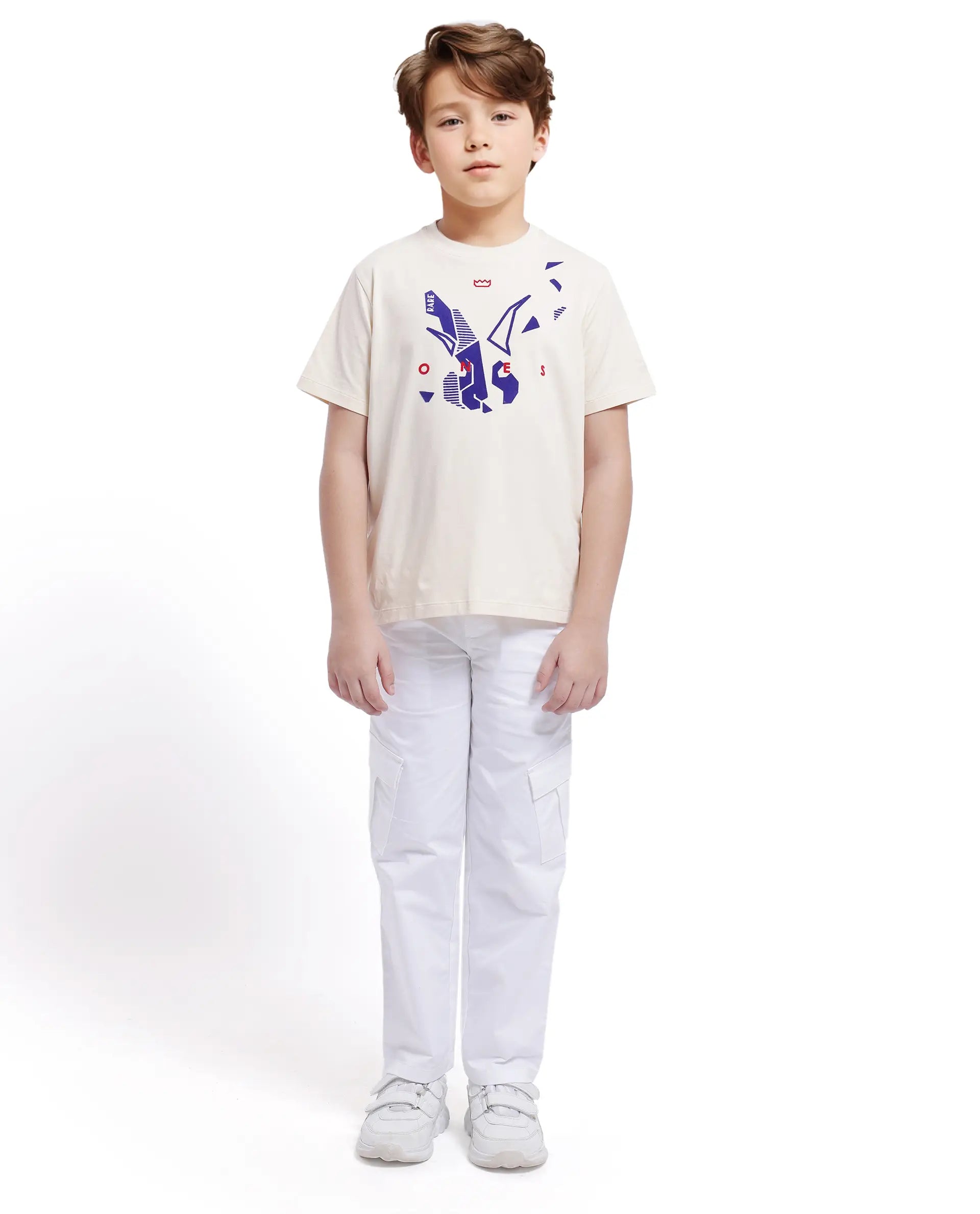 Rare Ones Kids Div Off White Cotton Short Sleeve Crew Neck Regular Fit Flock Print T-Shirt