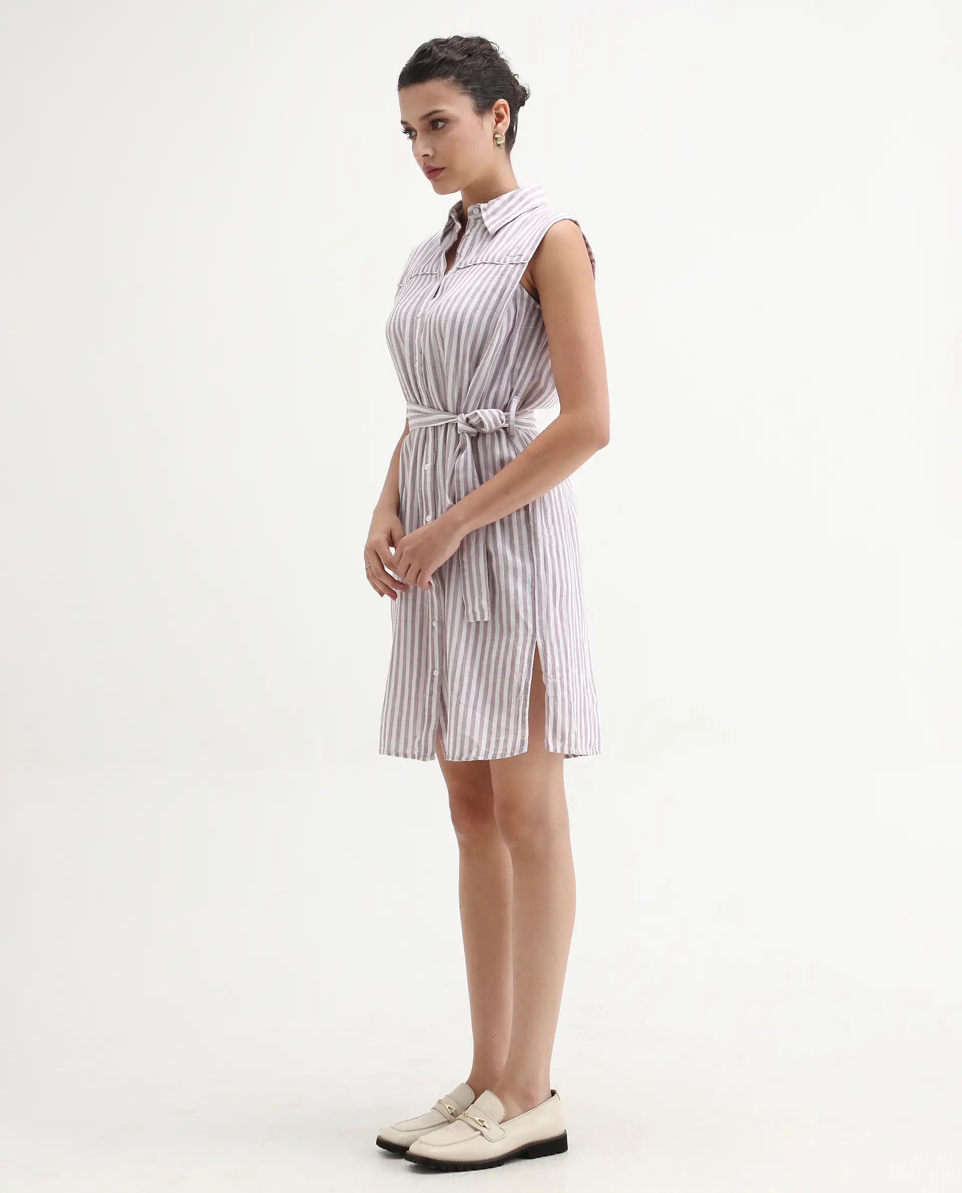 Rareism Women's Divz Purple Linen Spread Collar Striped Sleeveless Knee Length Regular Fit Dress