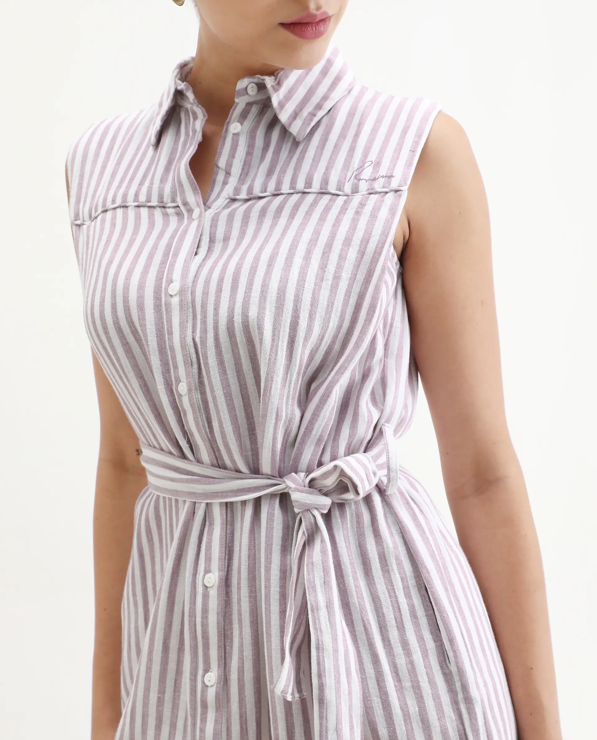 Rareism Women's Divz Purple Linen Spread Collar Striped Sleeveless Knee Length Regular Fit Dress