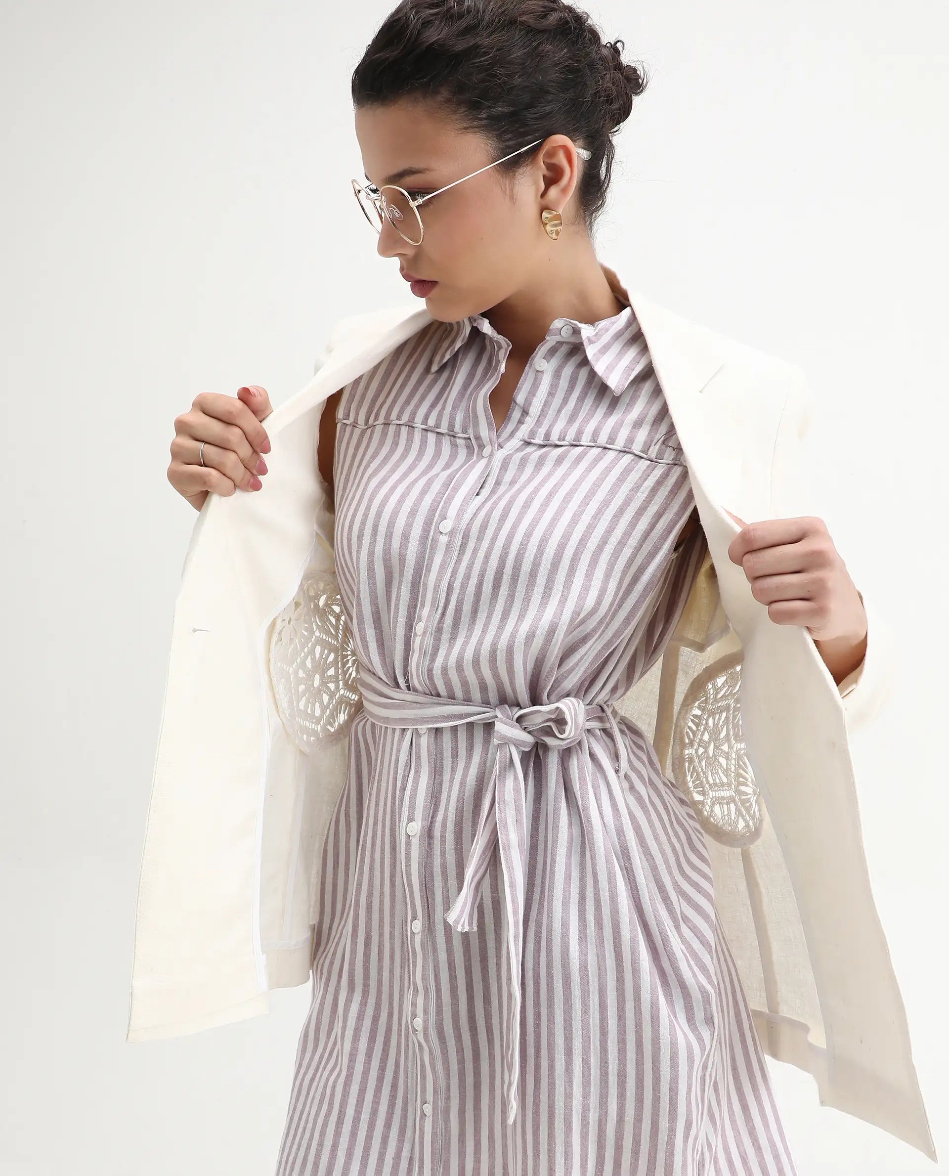 Rareism Women's Divz Purple Linen Spread Collar Striped Sleeveless Knee Length Regular Fit Dress