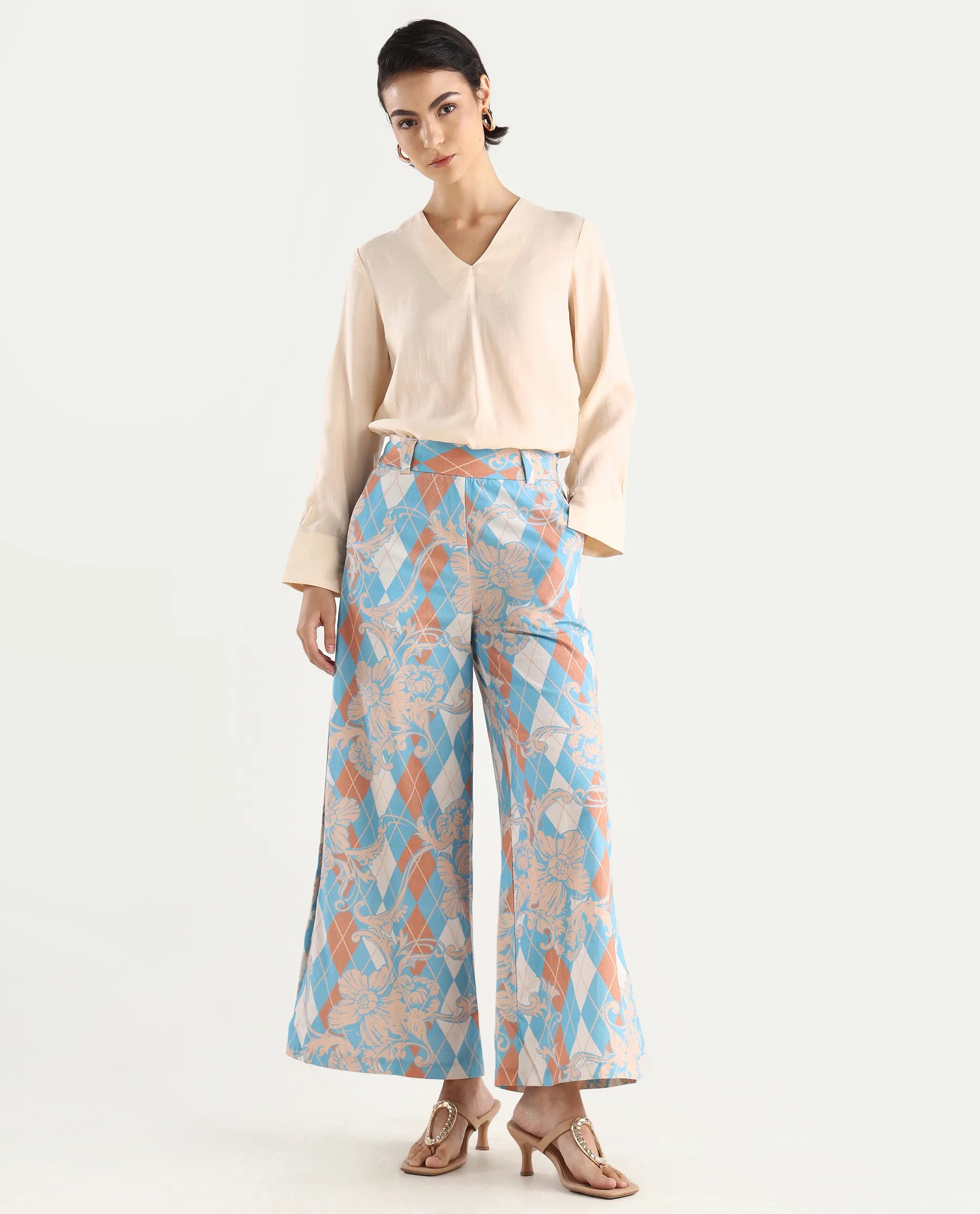 Rareism Women's Diyan Light Multi Polyester Geometric Print Ankle Length Wide Trouser