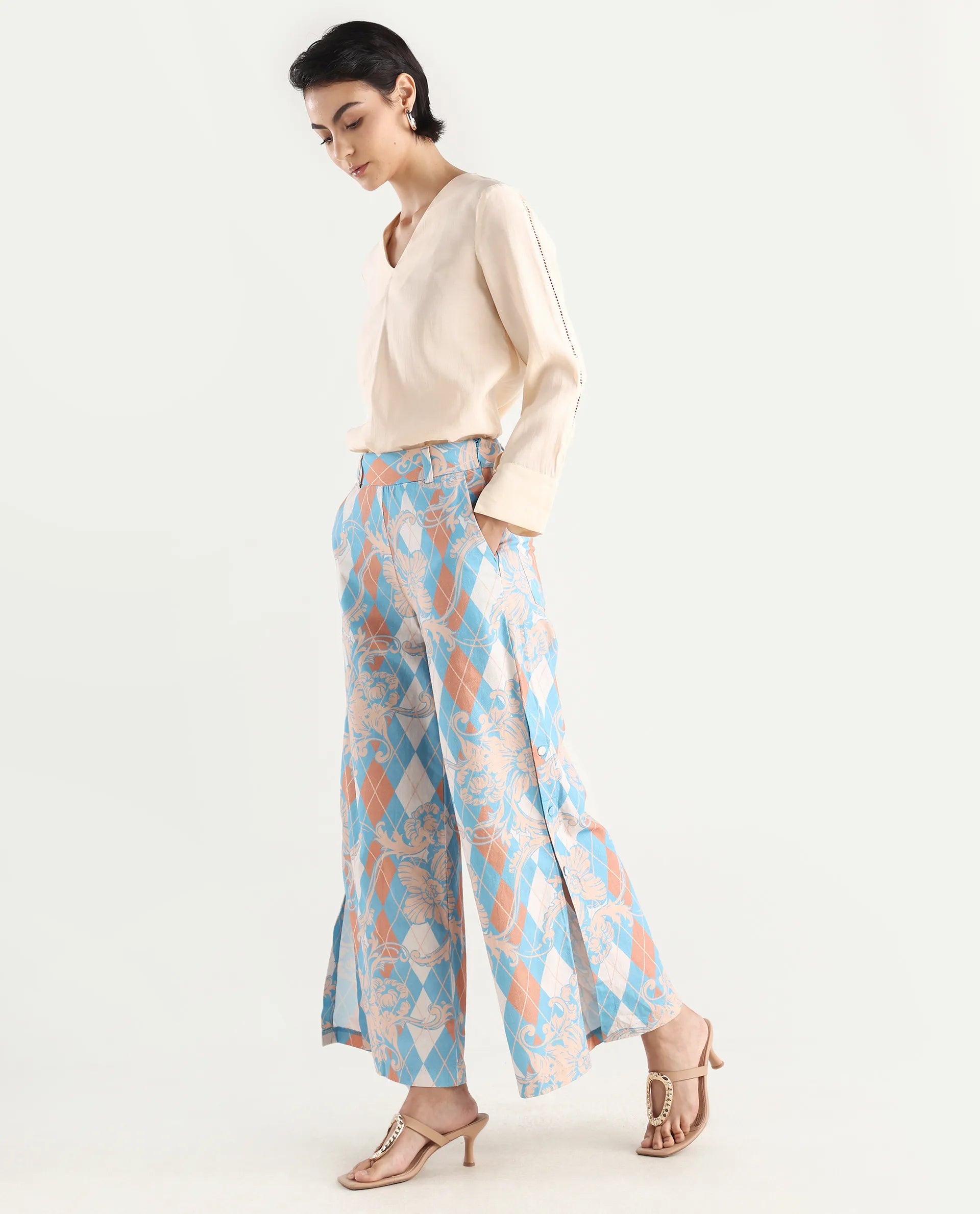 Rareism Women's Diyan Light Multi Polyester Geometric Print Ankle Length Wide Trouser