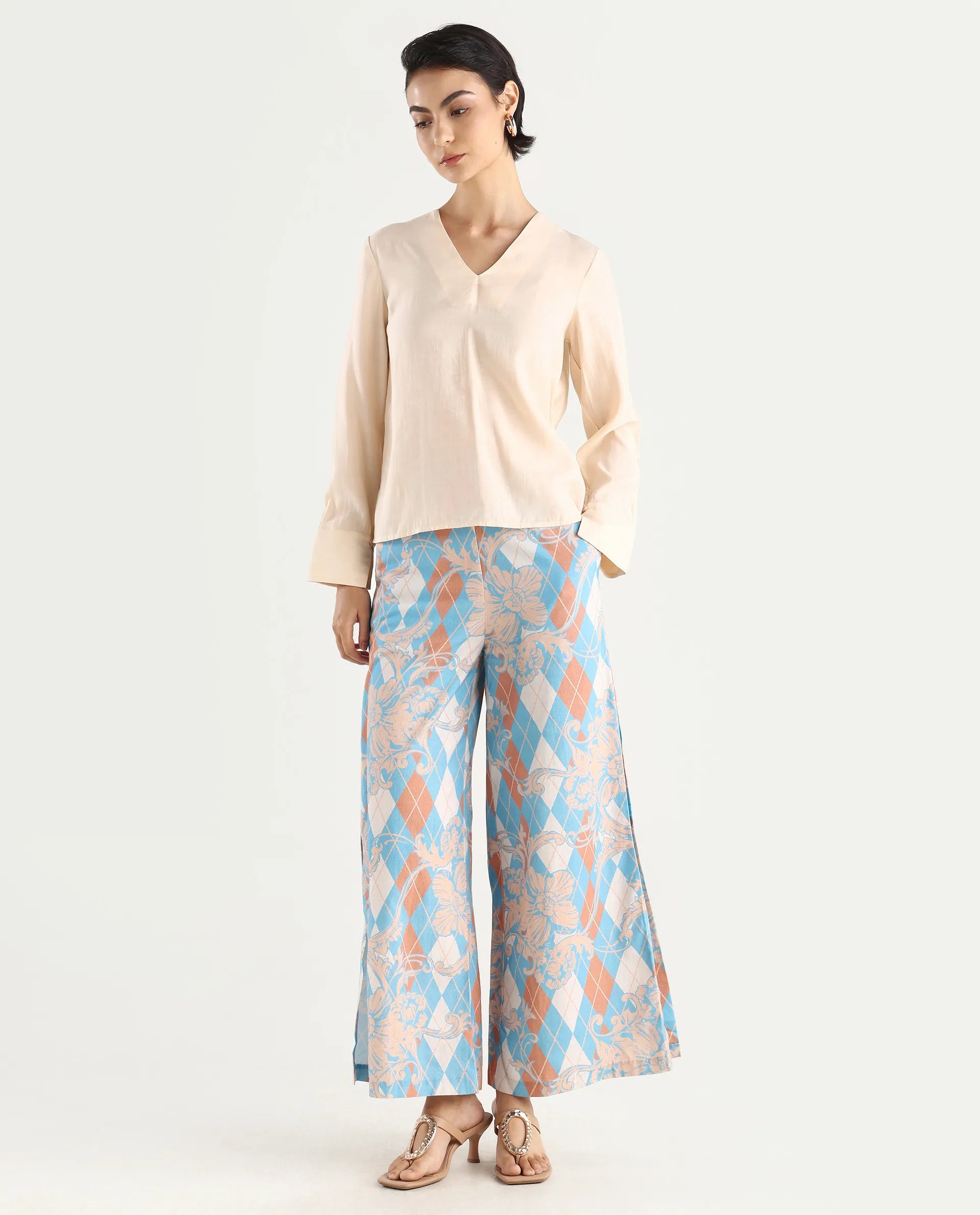 Rareism Women's Diyan Light Multi Polyester Geometric Print Ankle Length Wide Trouser