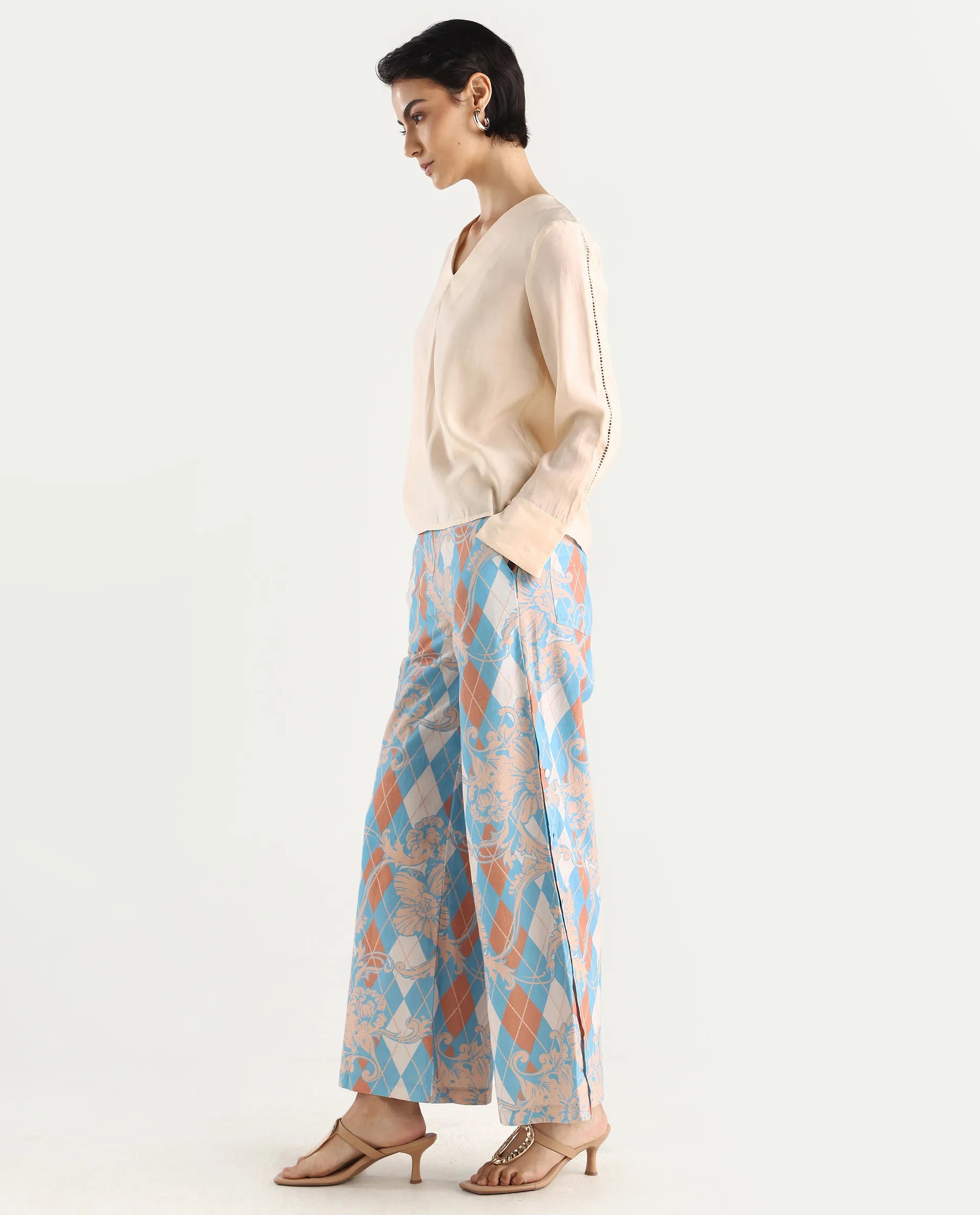 Rareism Women's Diyan Light Multi Polyester Geometric Print Ankle Length Wide Trouser