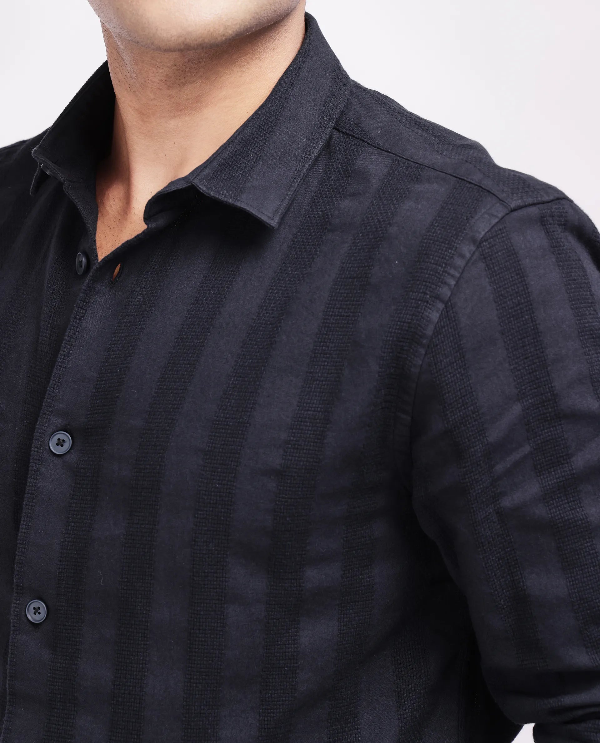 Rare Rabbit Men's Dobbiz Black Cotton Striped Print Regular Fit Half Sleeve Collared Shirt
