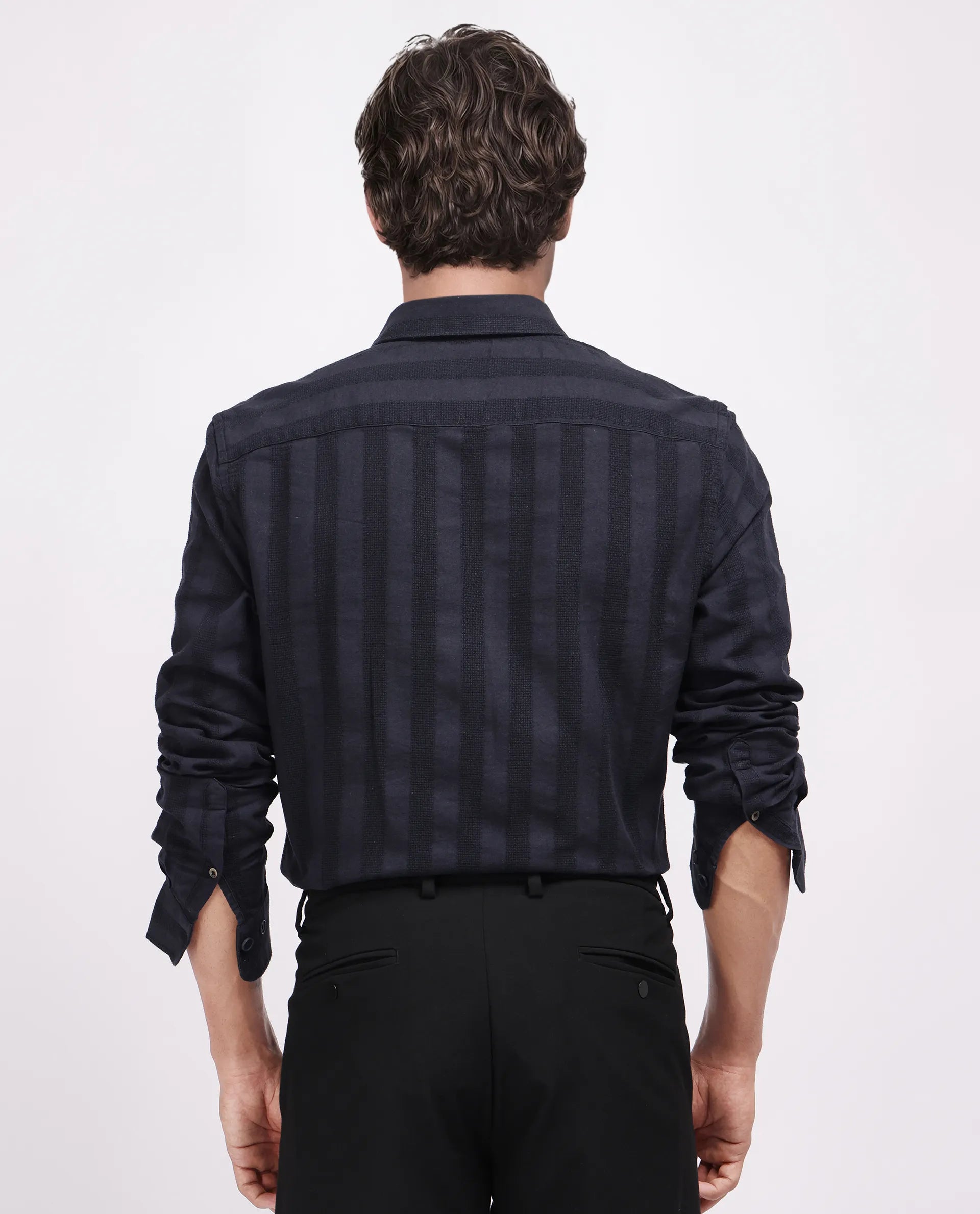 Rare Rabbit Men's Dobbiz Black Cotton Striped Print Regular Fit Half Sleeve Collared Shirt