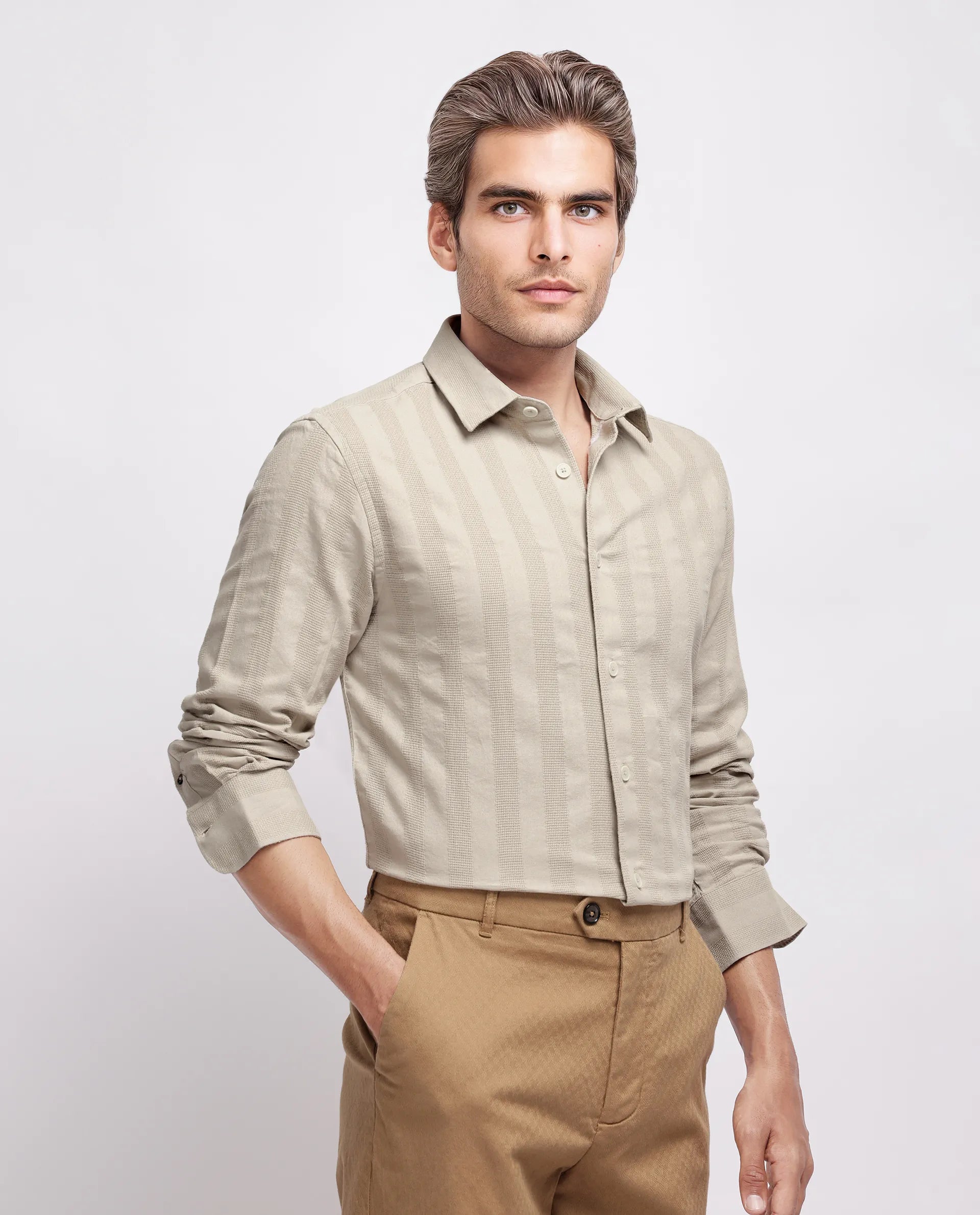 Rare Rabbit Men's Dobbiz Dark Beige Cotton Striped Print Regular Fit Half Sleeve Collared Shirt