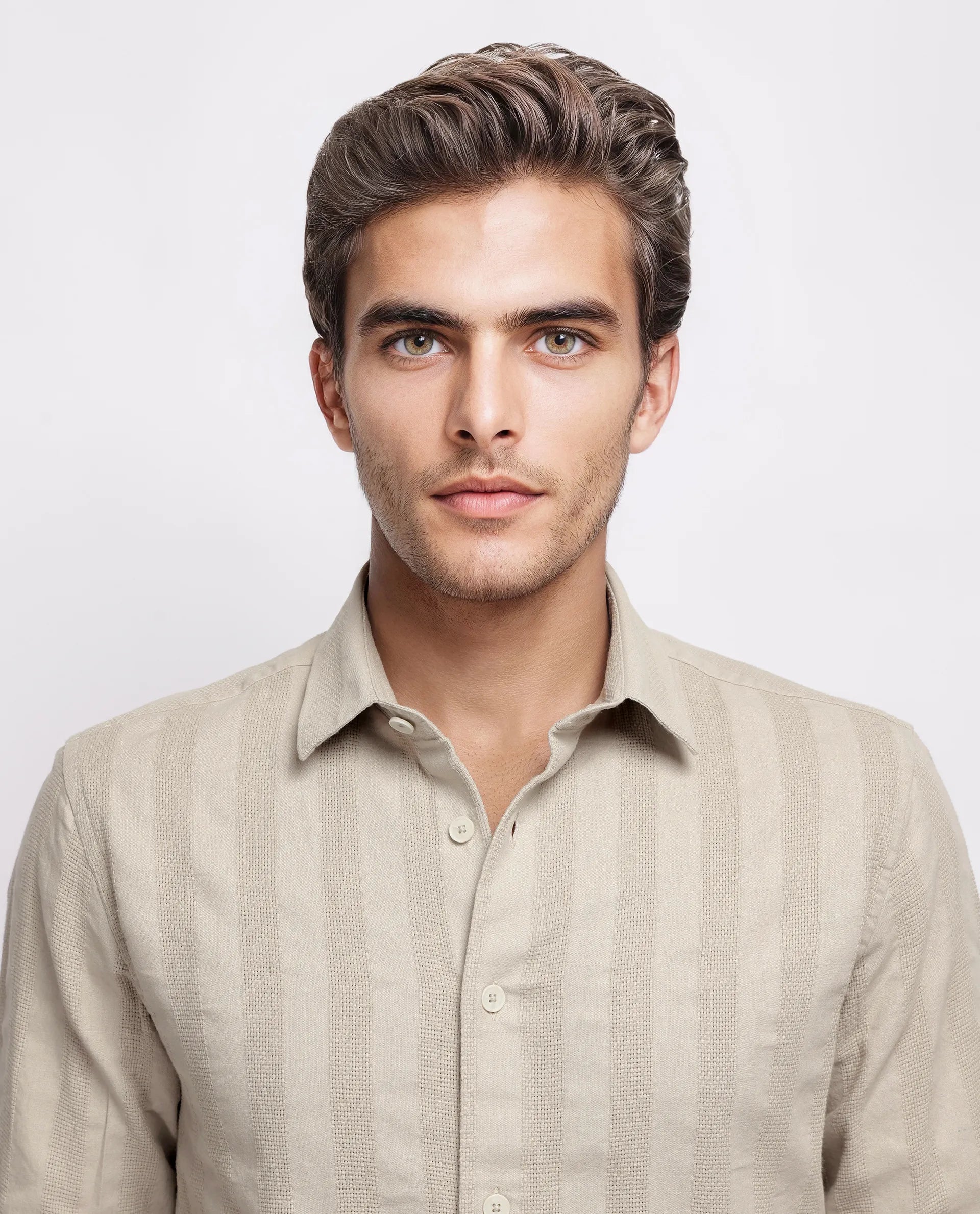 Rare Rabbit Men's Dobbiz Dark Beige Cotton Striped Print Regular Fit Half Sleeve Collared Shirt