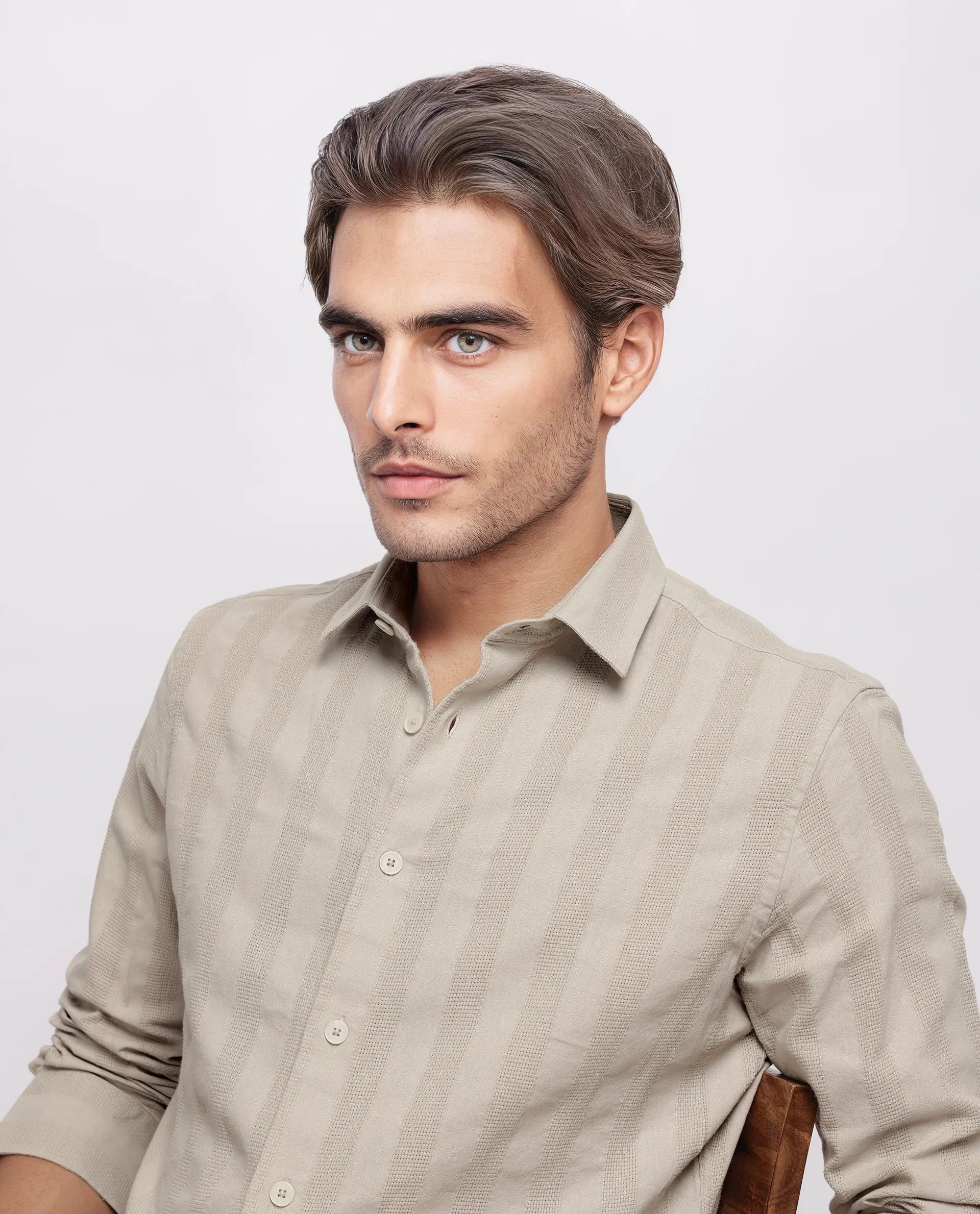 Rare Rabbit Men's Dobbiz Dark Beige Cotton Striped Print Regular Fit Half Sleeve Collared Shirt