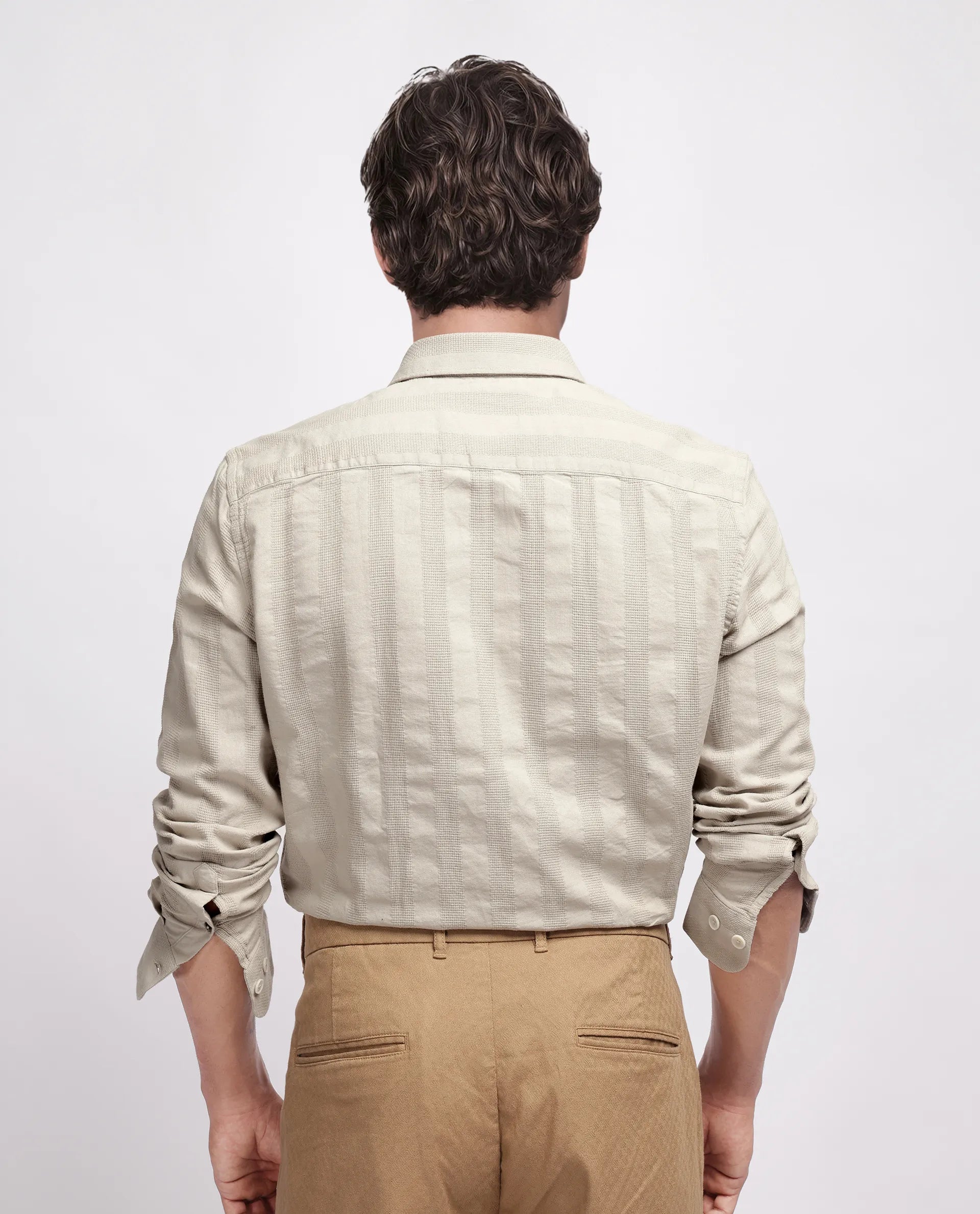 Rare Rabbit Men's Dobbiz Dark Beige Cotton Striped Print Regular Fit Half Sleeve Collared Shirt