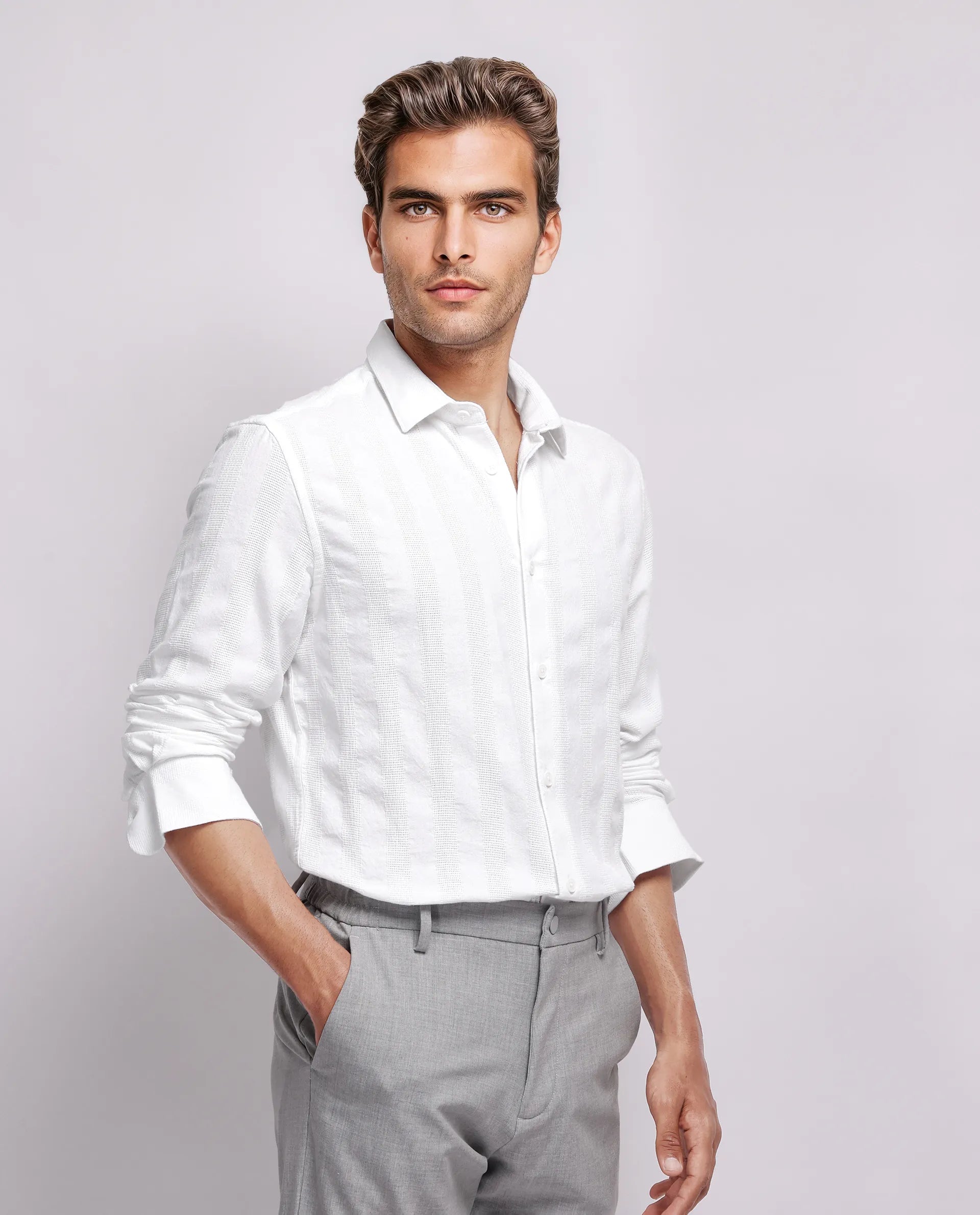 Rare Rabbit Men's Dobbiz White Cotton Striped Print Regular Fit Full Sleeve Collared Shirt