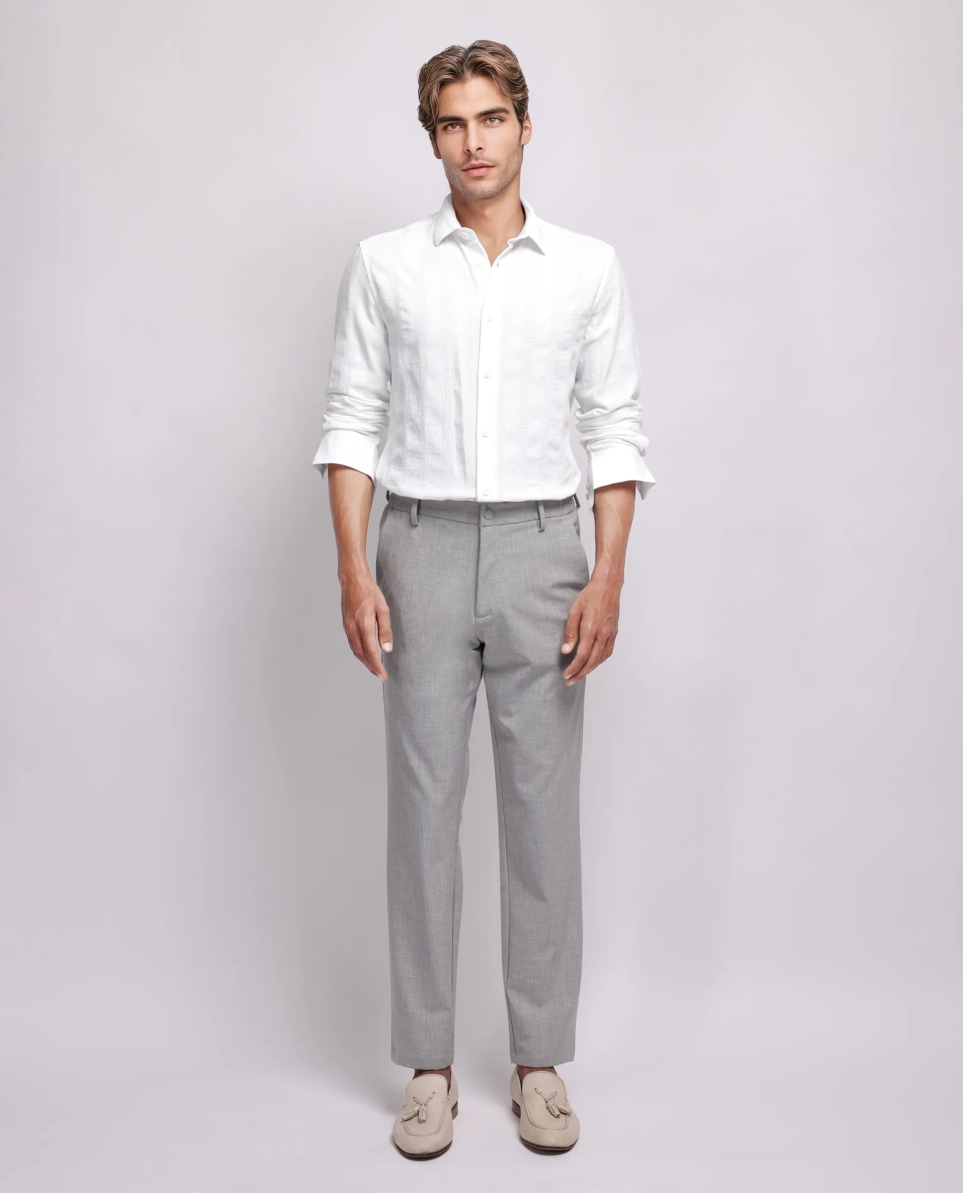 Rare Rabbit Men's Dobbiz White Cotton Striped Print Regular Fit Full Sleeve Collared Shirt