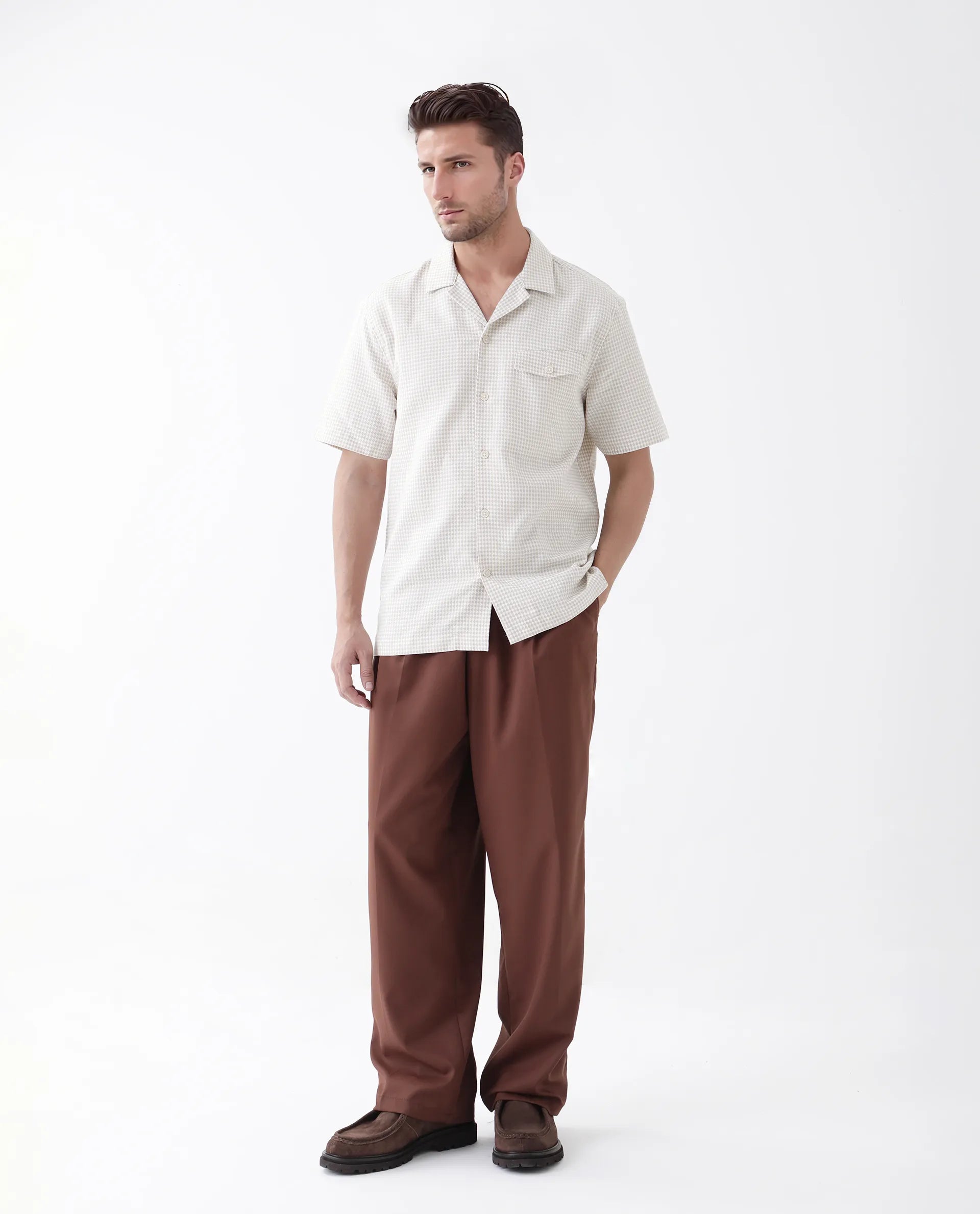 Rare Rabbit Men's Dobo Beige Cotton Polka Print Relaxed Fit Half Sleeve Cuban Collar Shirt