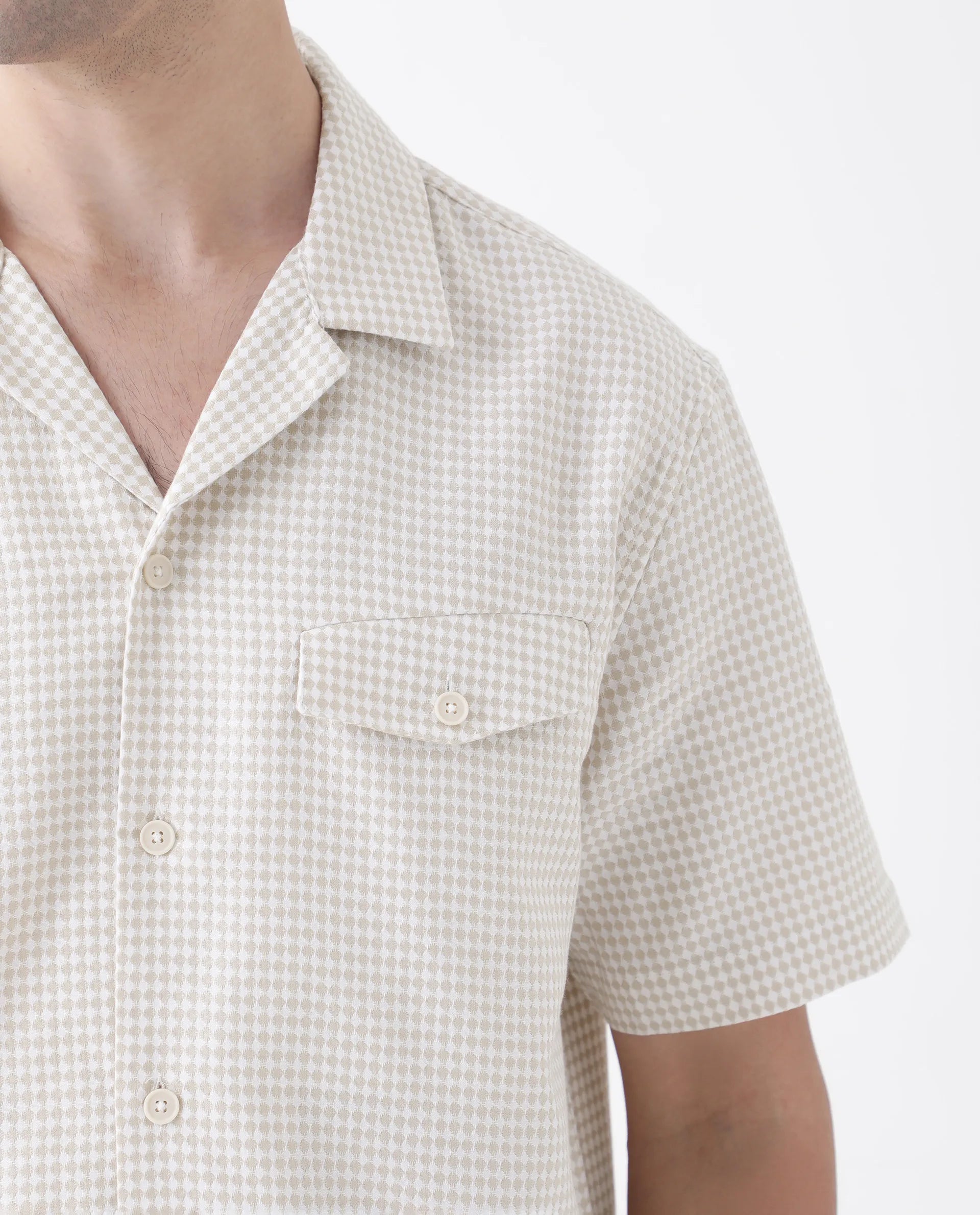 Rare Rabbit Men's Dobo Beige Cotton Polka Print Relaxed Fit Half Sleeve Cuban Collar Shirt